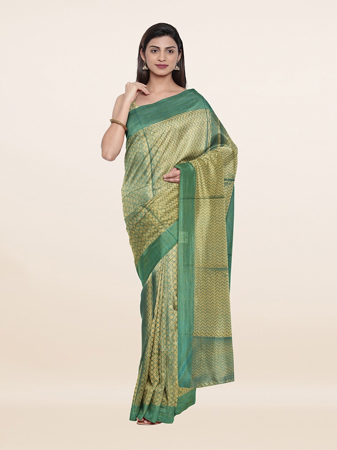 

Pothys Green & Golden Geometric Woven Design Zari Jute Cotton Saree