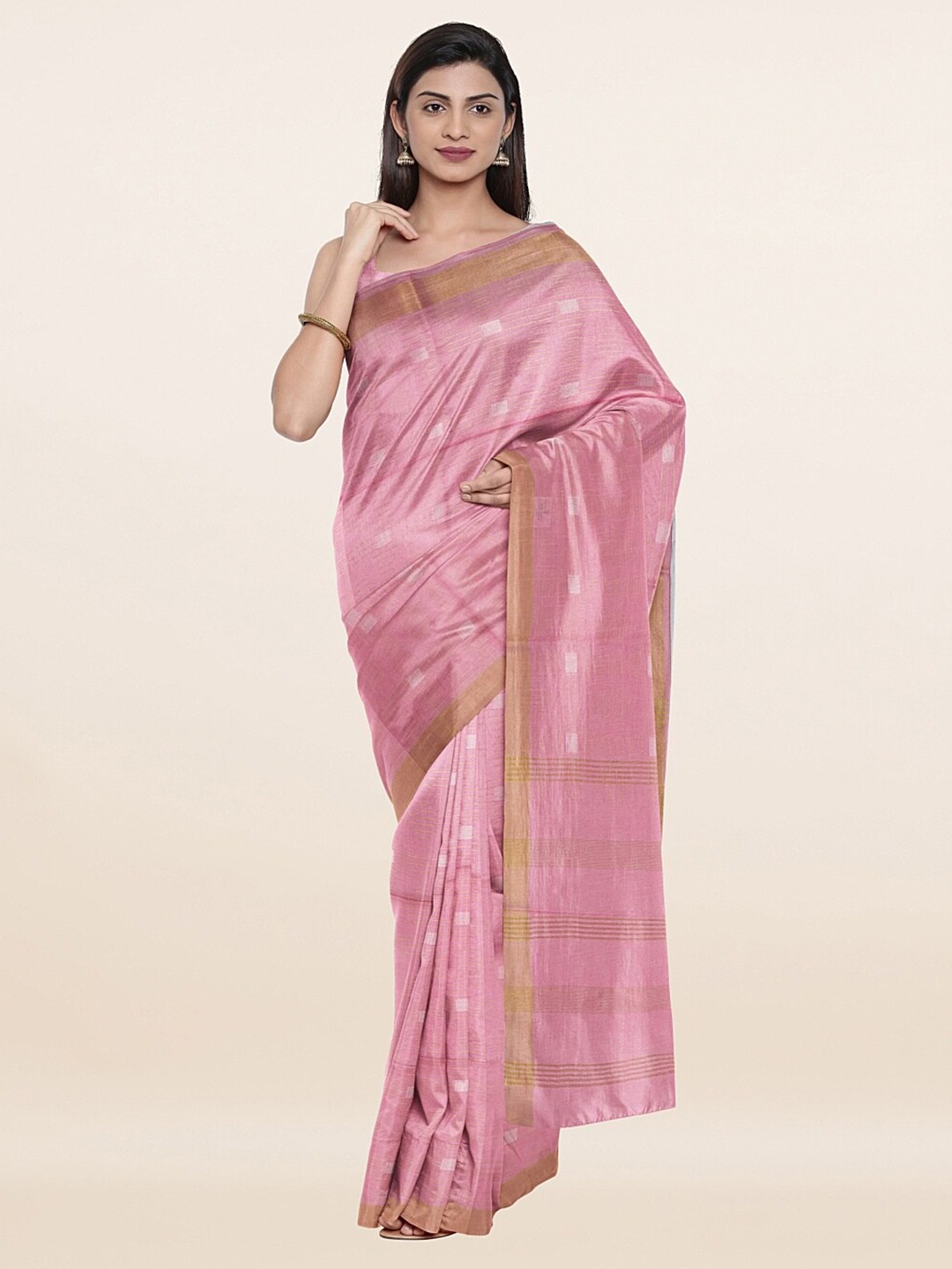 

Pothys Pink & Gold-Toned Woven Design Zari Jute Cotton Saree