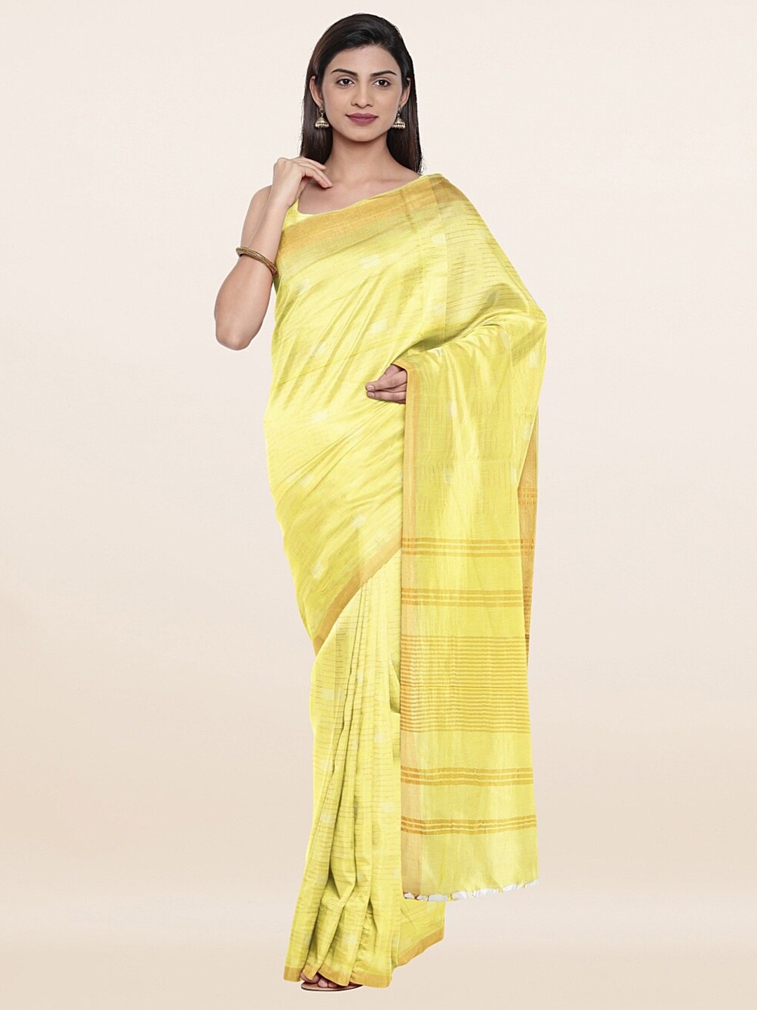 

Pothys Yellow & Golden Zari Jute Cotton Saree