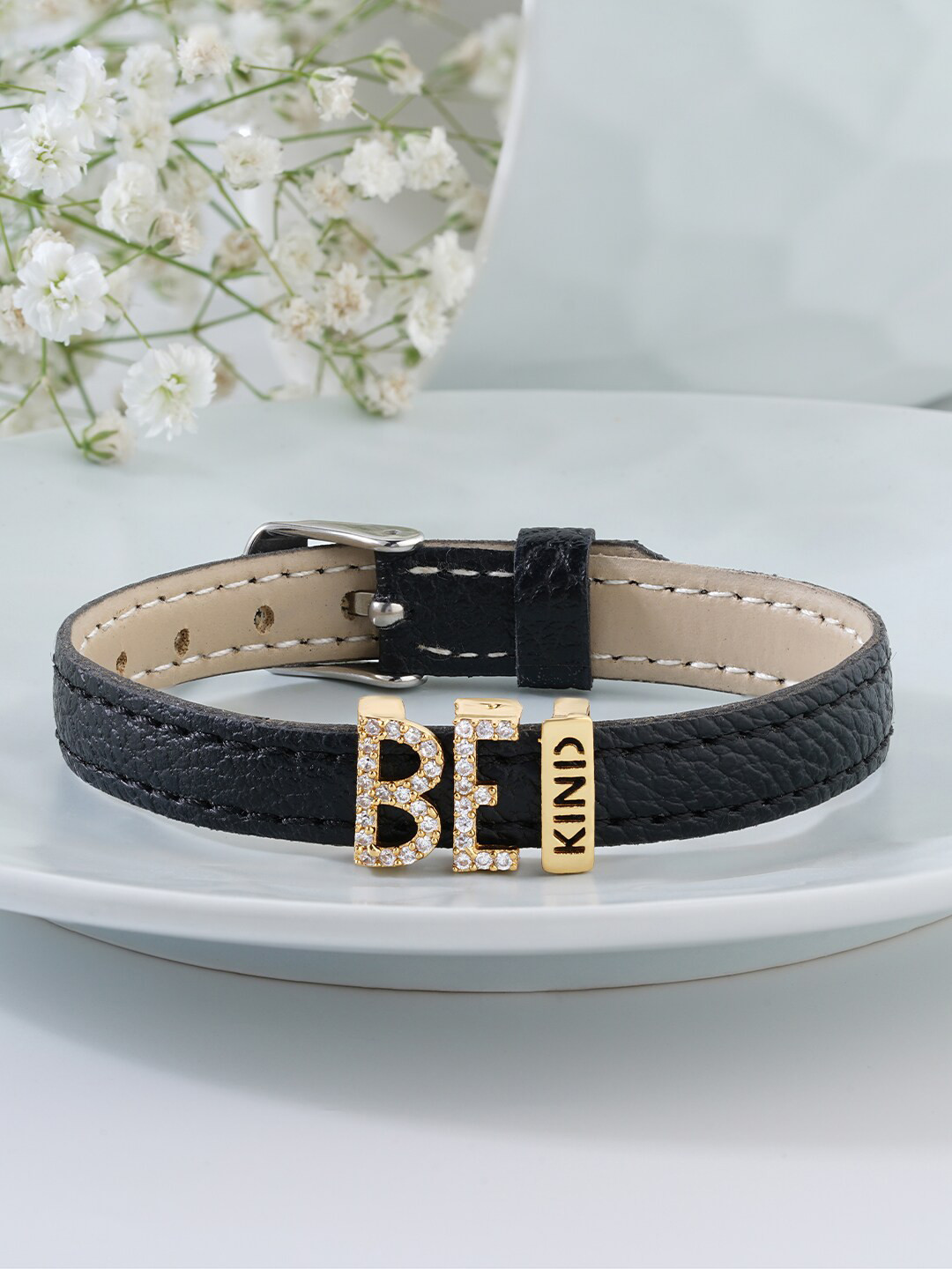 

MINUTIAE Women Black & Gold-Plated Brass Crystals Cuff Bracelet