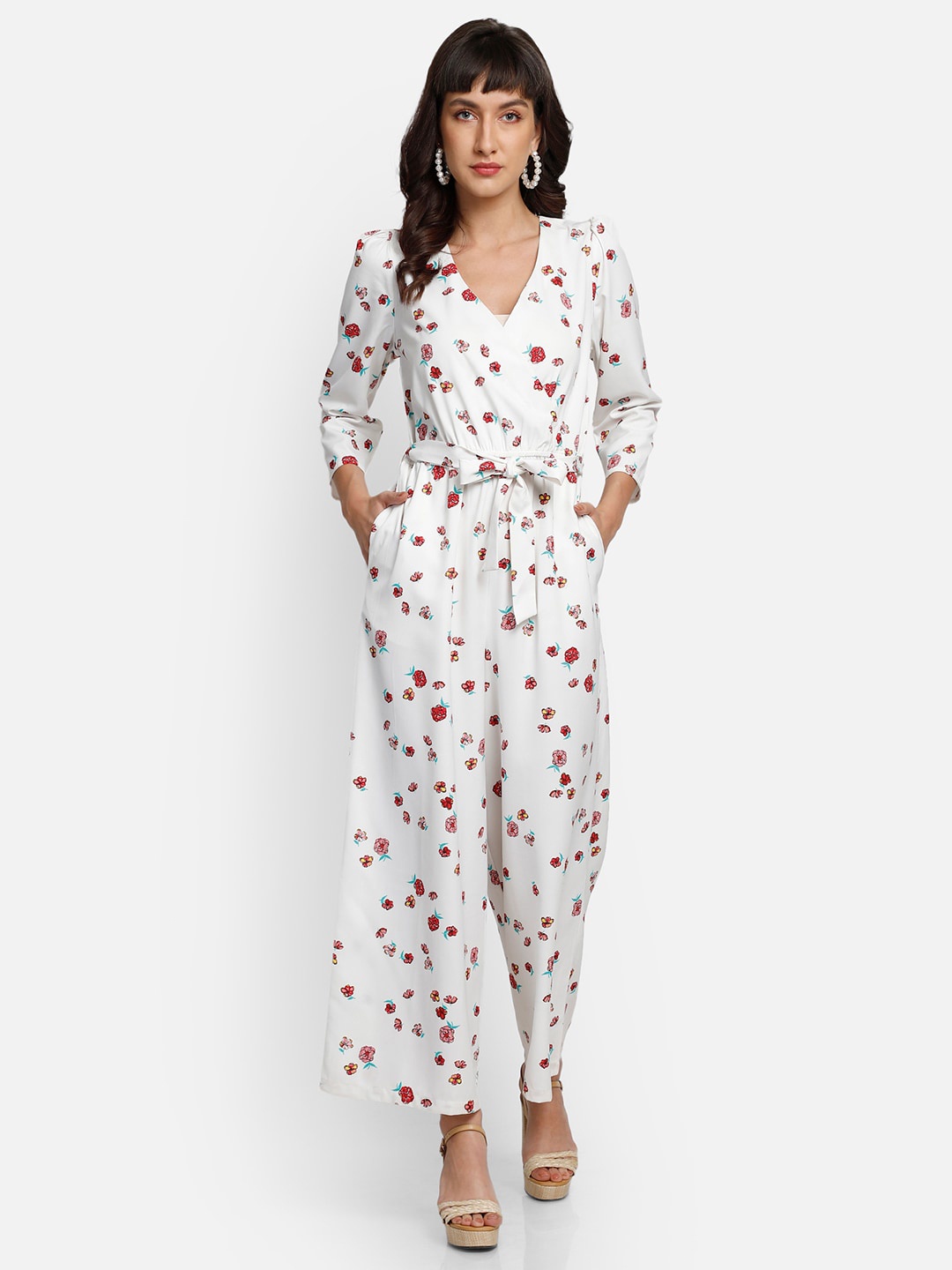 

YOU FOREVER White & Red Printed V-Neck Jumpsuit With Belt