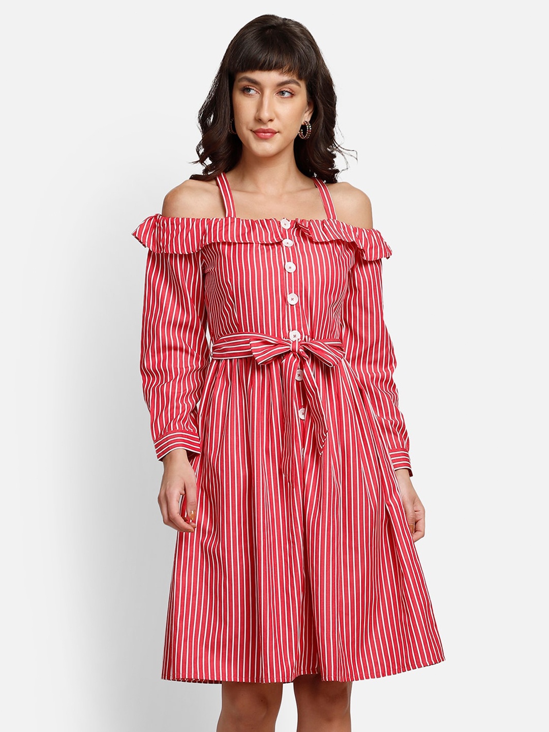 

YOU FOREVER Red & White Striped Crepe Dress
