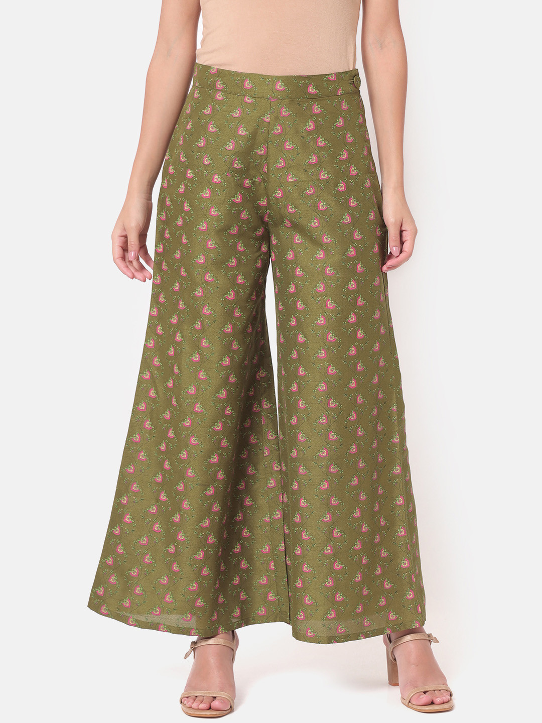 

Saaki Women Olive Green & Pink Ethnic Motifs Printed Silk Ethnic Palazzos
