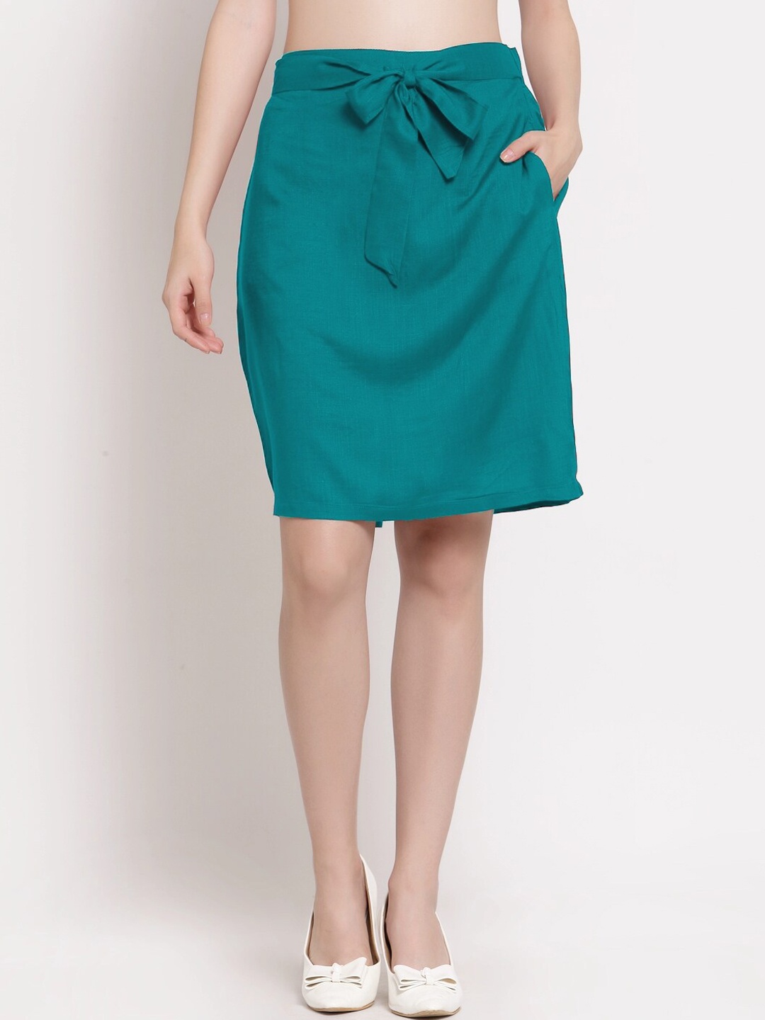 

PATRORNA Women Sea Green Solid Pencil Skirt