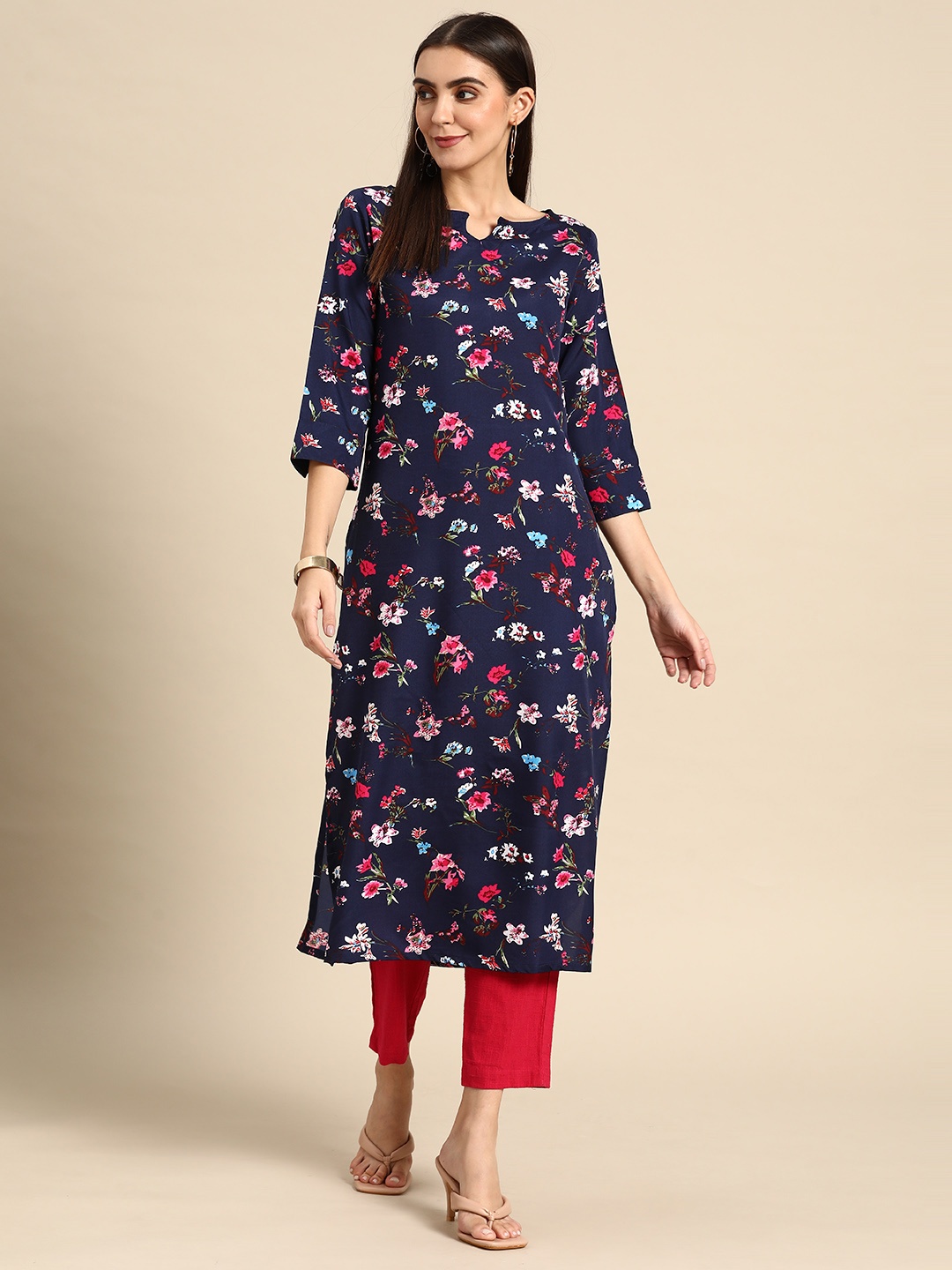 

Anouk Women Navy Blue & Pink Floral Printed Floral Kurta