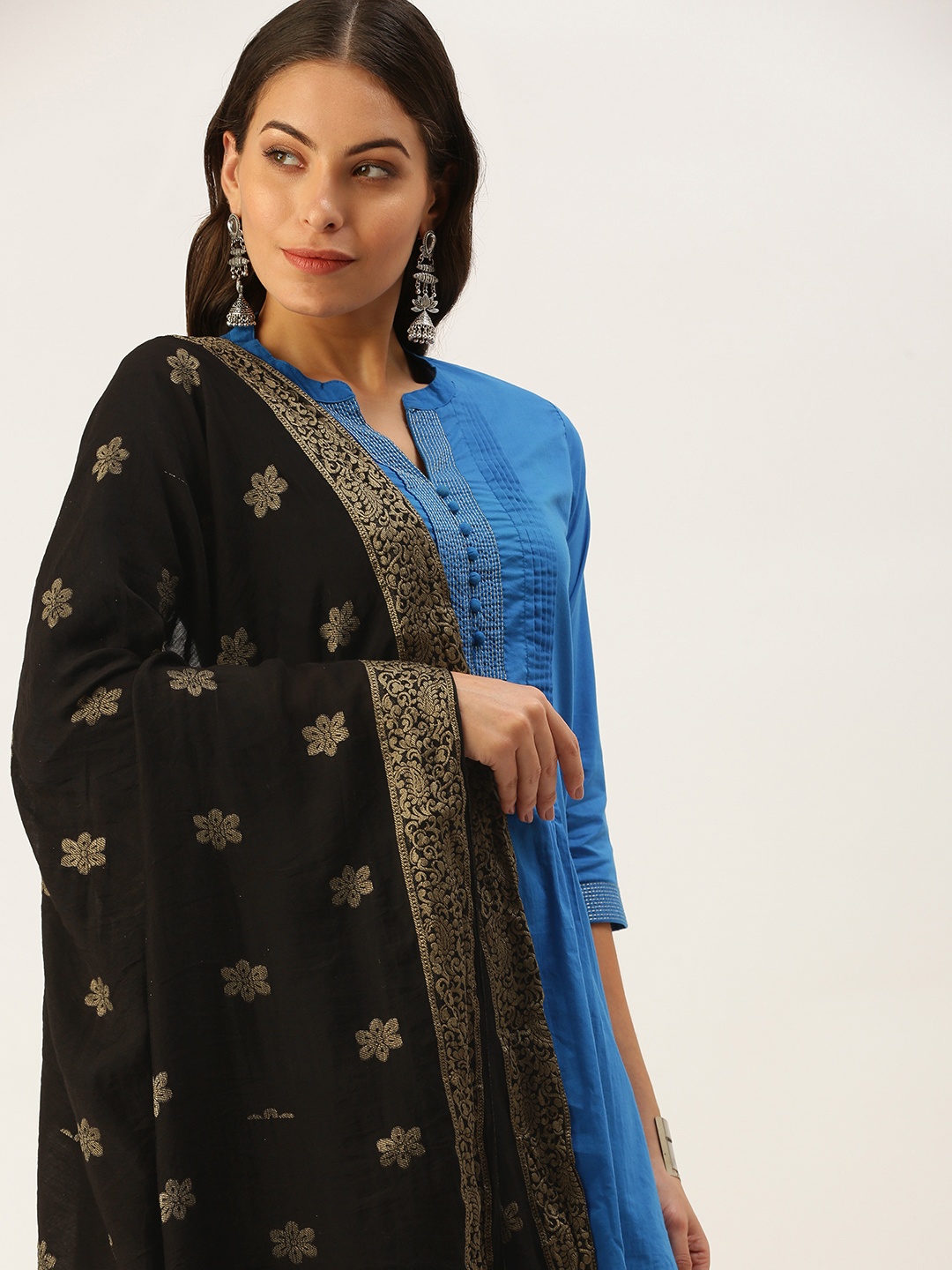 

SWAGG INDIA Black & Golden Ethnic Motifs Woven Design Art Silk Dupatta with Zari
