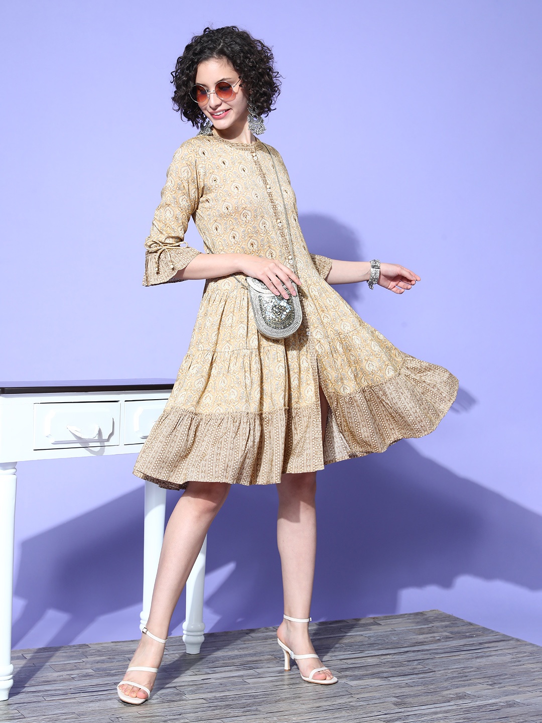 

ZOLA Beige & Off White Ethnic Motifs A-Line Dress
