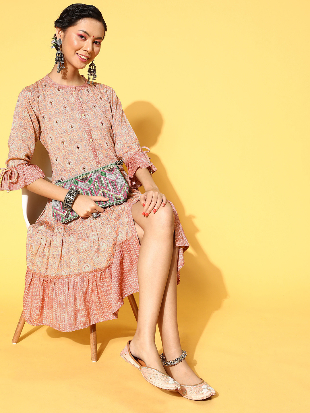 

ZOLA Peach-Coloured & Beige Ethnic Motifs A-Line Dress