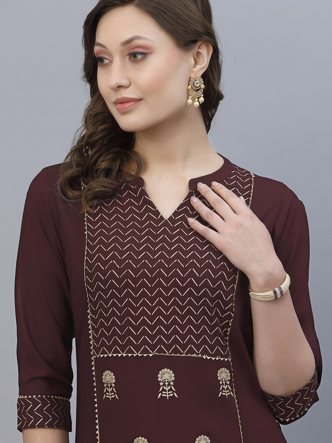 

KALINI Women Brown & Cream-Coloured Ethnic Motifs Printed Kurta