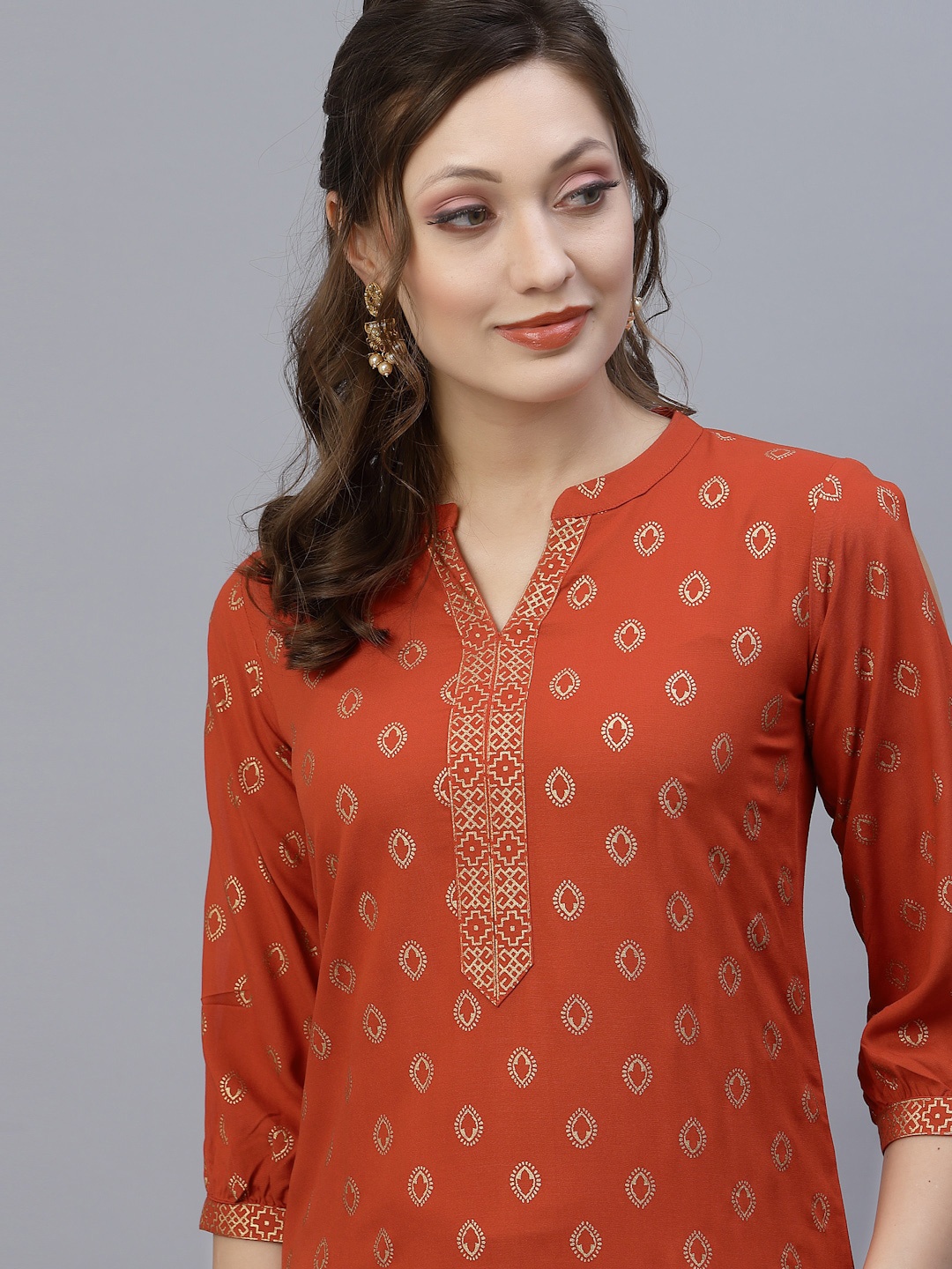 

KALINI Women Rust & Gold-Toned Ethnic Motifs Printed Summer Sheers Kurta