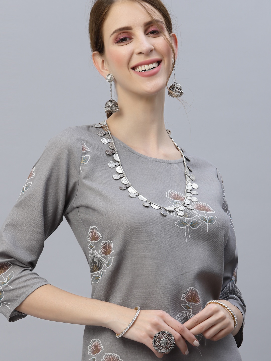 

KALINI Women Grey & Brown Floral Embroidered Summer Sheers Kurta