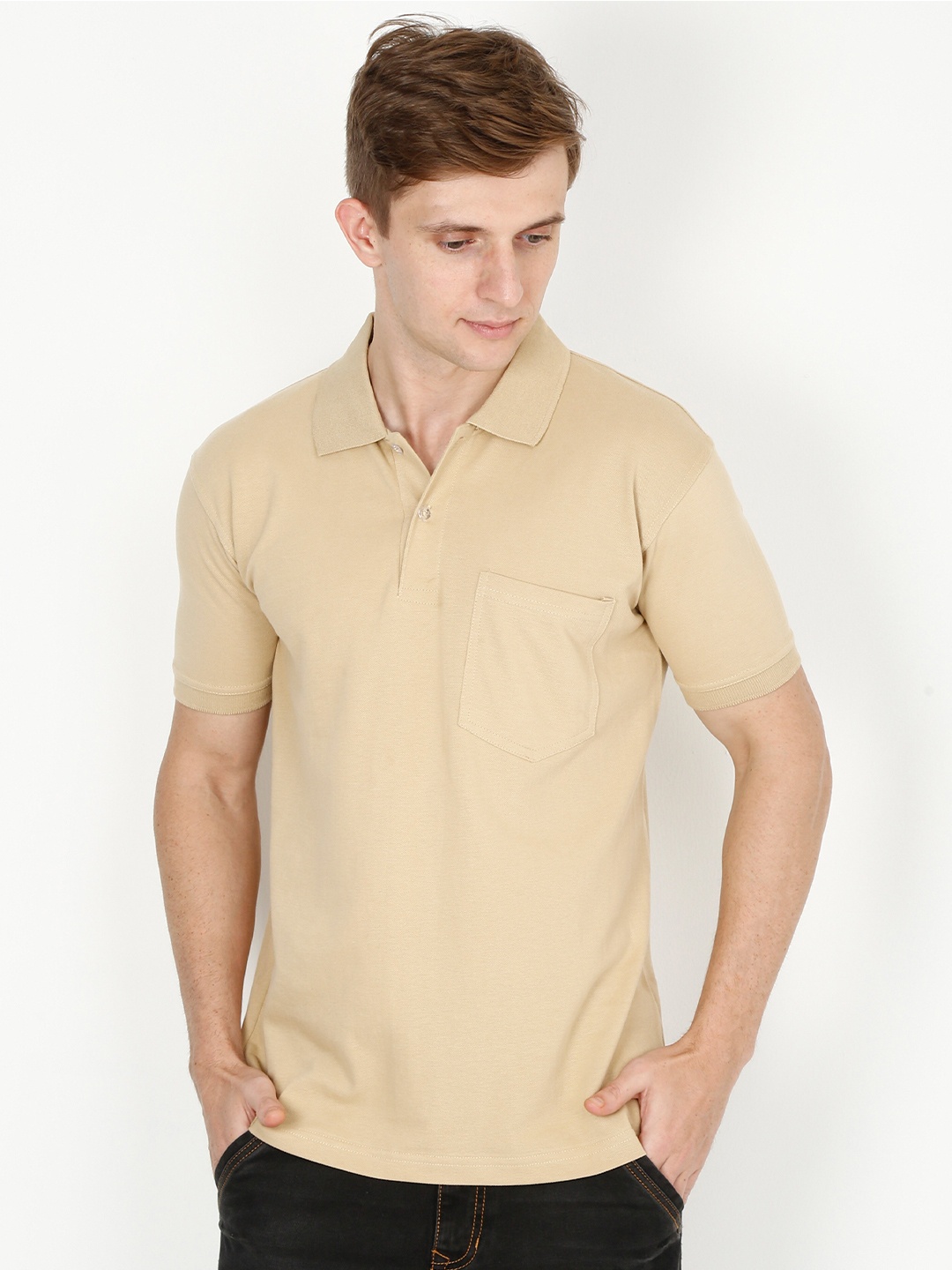 

Fleximaa Men Beige Polo Collar T-shirt