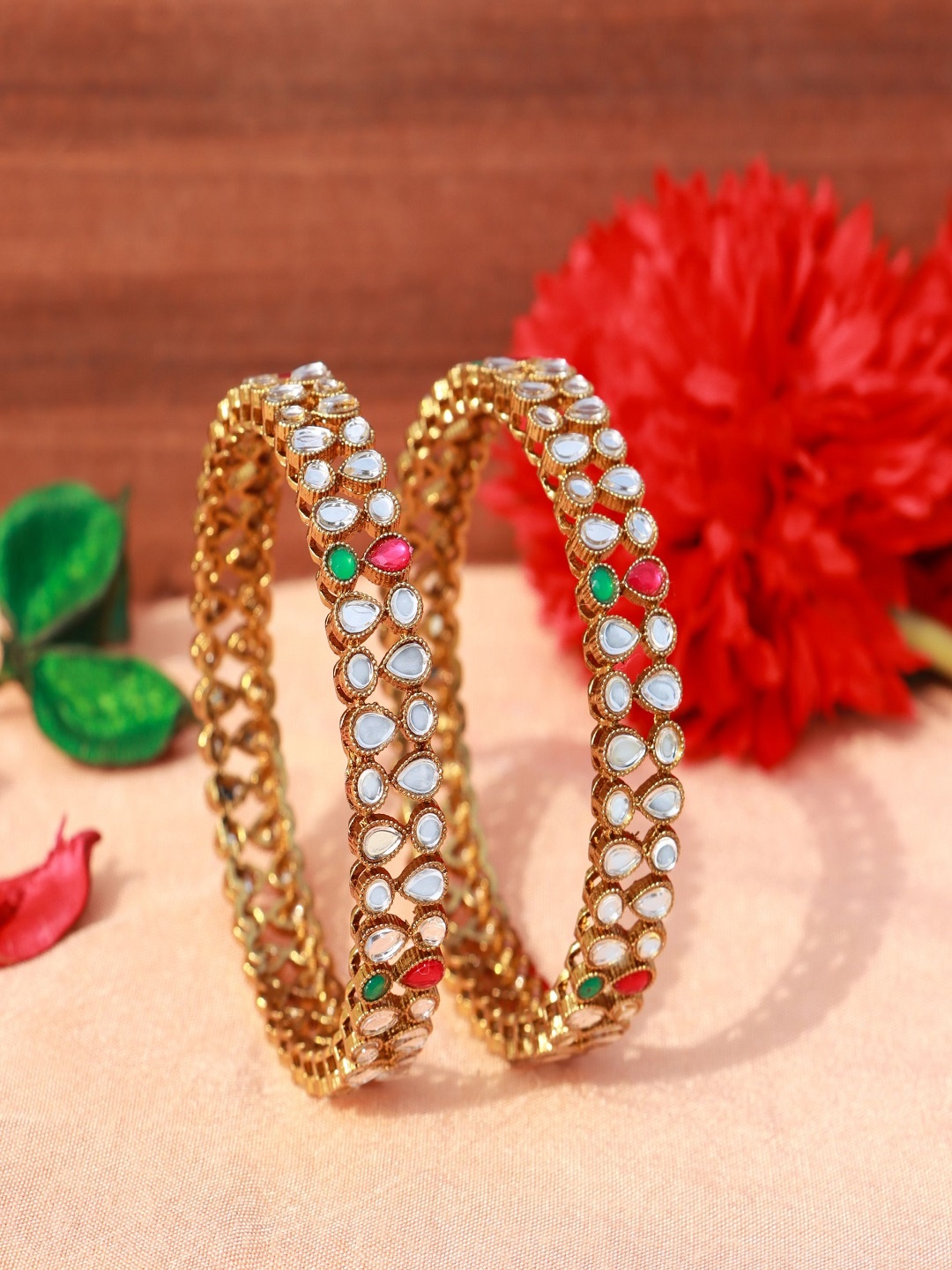 

I Jewels Set of 2 Red Gold-Plated Maroon & Green Stone Kada Bangles