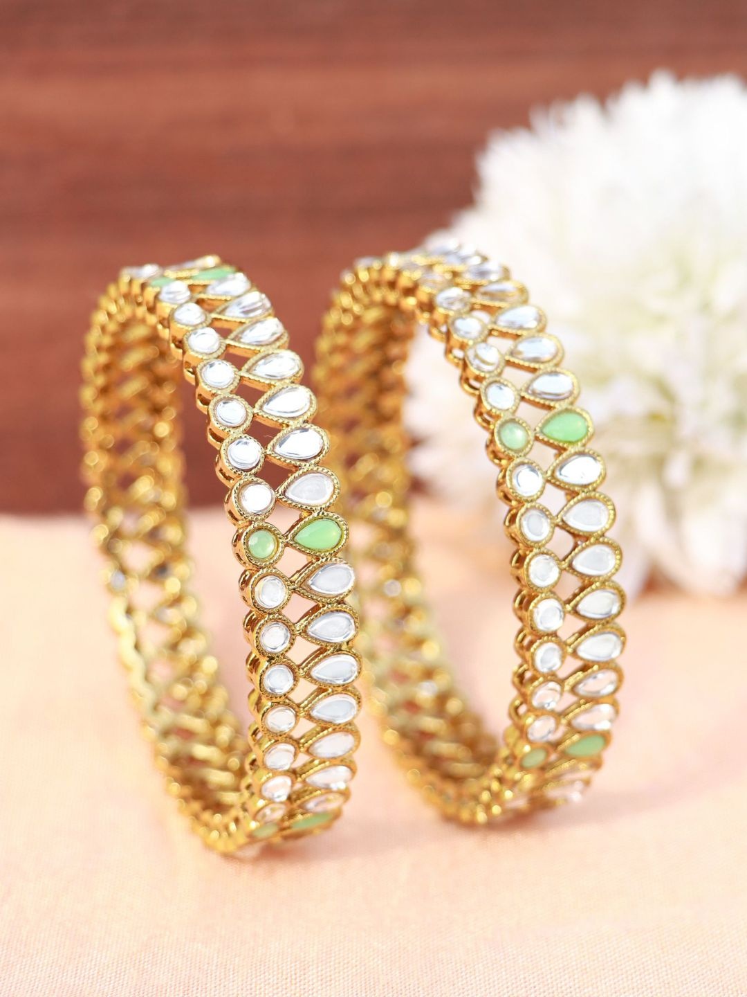 

I Jewels Set of 2 Mint Green Gold-Plated Stone Kada Bangles