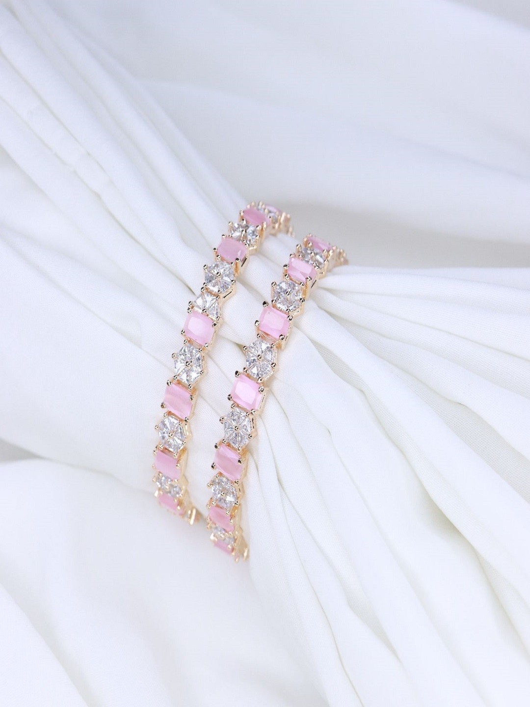 

I Jewels Set of 2 Rose Gold-Plated Artificial Stone Bangles, Pink