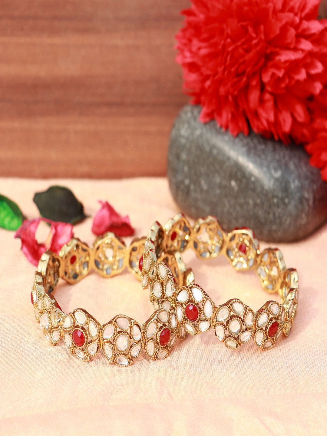 

I Jewels Women Set of 2 Gold-Plated & Maroon Stone Studded & Beaded Circular Style Bangles