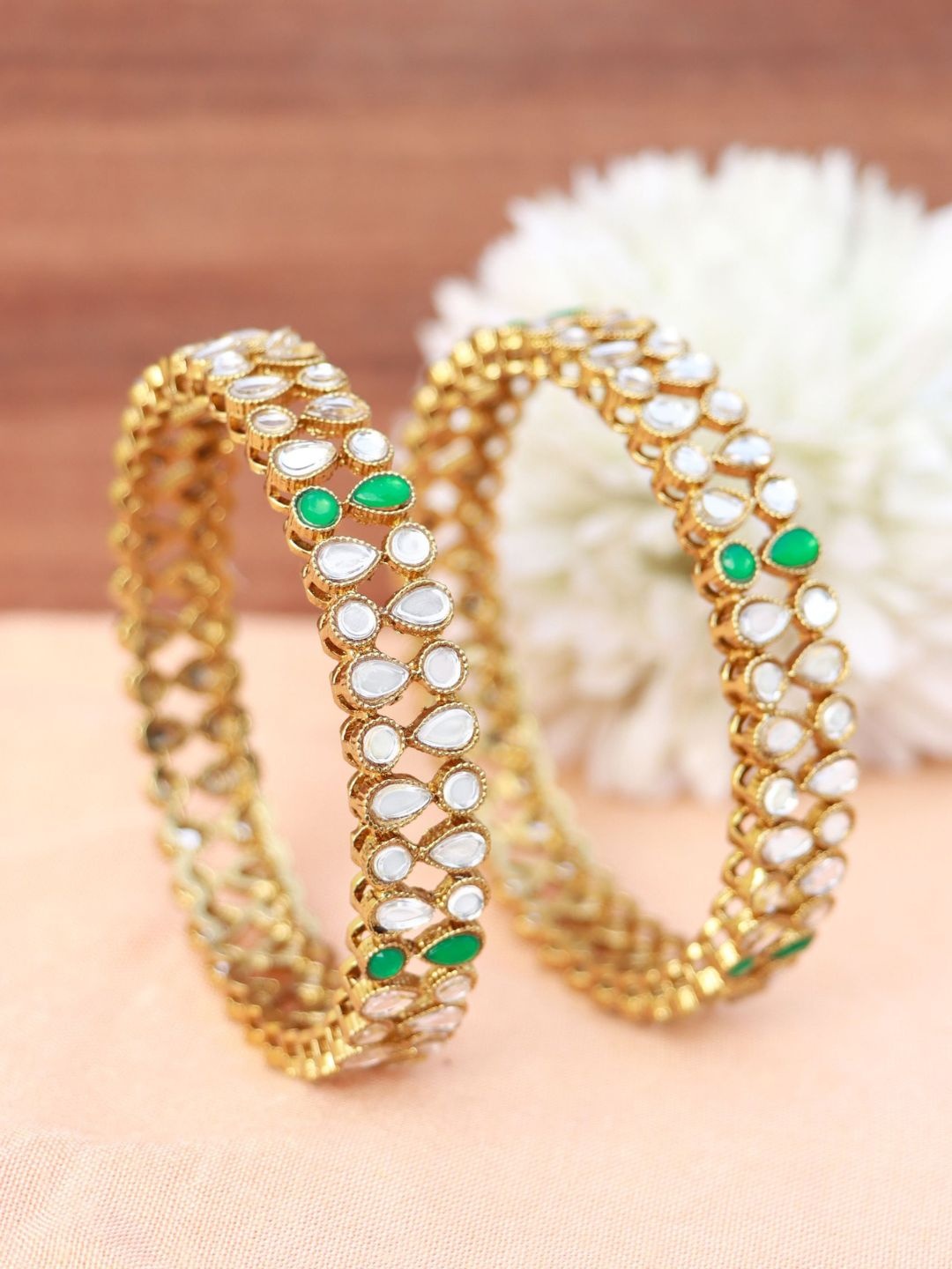 

I Jewels Women Set of 2 Gold-Plated & Green Stone Studded Bangles