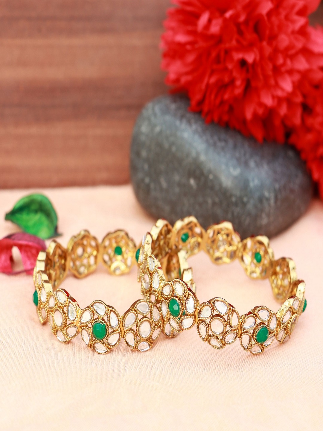 

I Jewels Set of 2 Green Gold-Plated Stone Kada Bangle