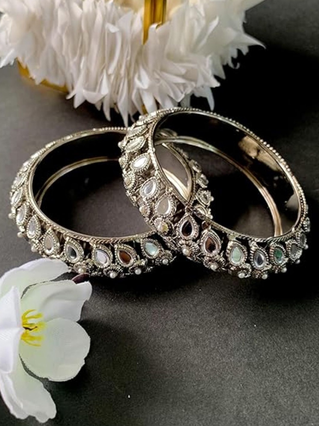 

I Jewels Set Of 2 Silver Rhodium-Plated Handcrafted Bangles