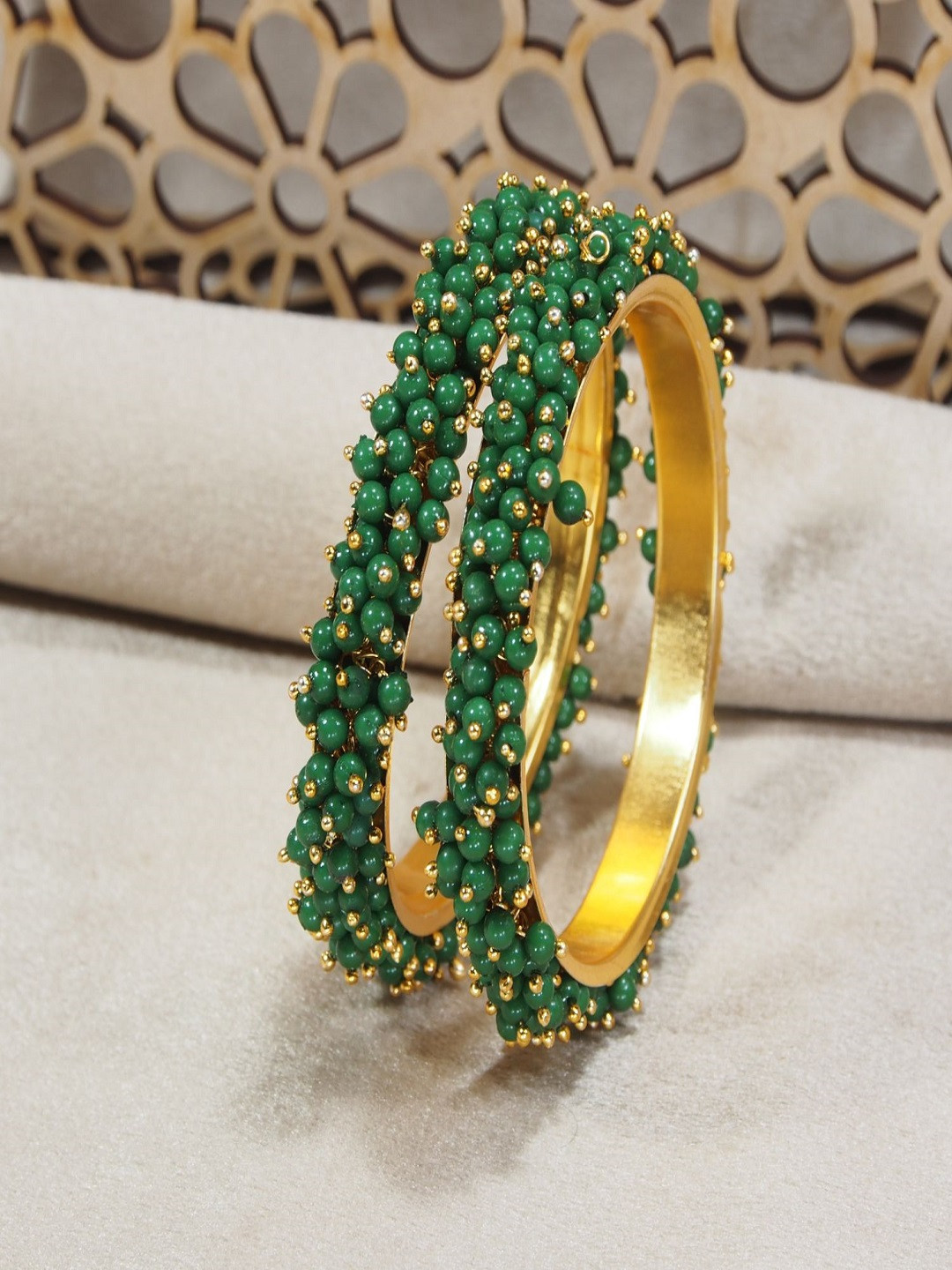 

I Jewels Set Of 2 Green Gold-Plated Ruby Stone Classic Bangles