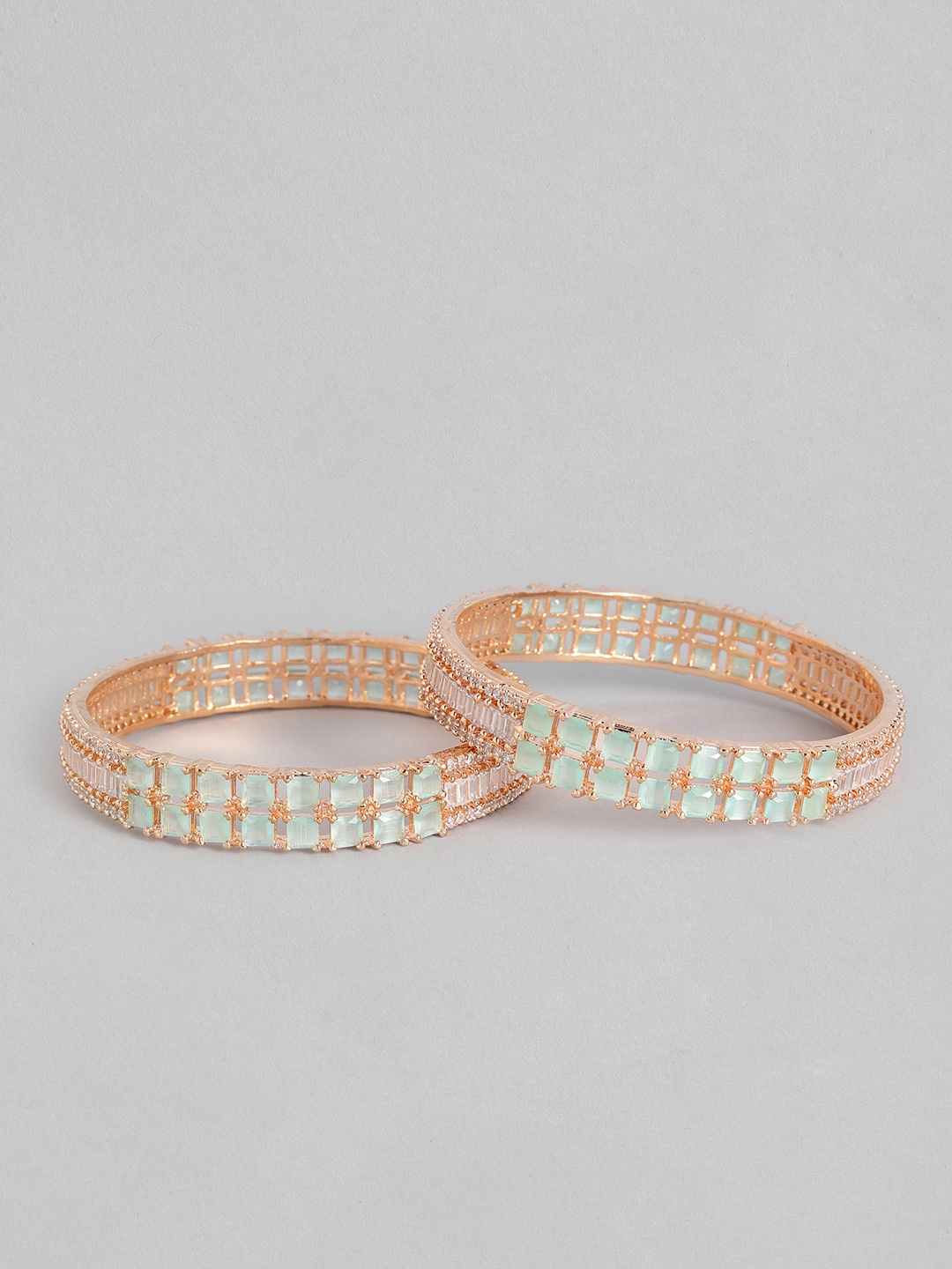 

I Jewels Set of 2 Sea Green Rose-Gold Plated AD Stone Studded Handcrafted Bangles