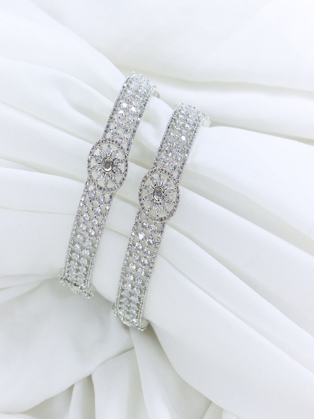 

I Jewels Set Of 2 Silver-Plated White American Diamond Studded Handcrafted Bangles