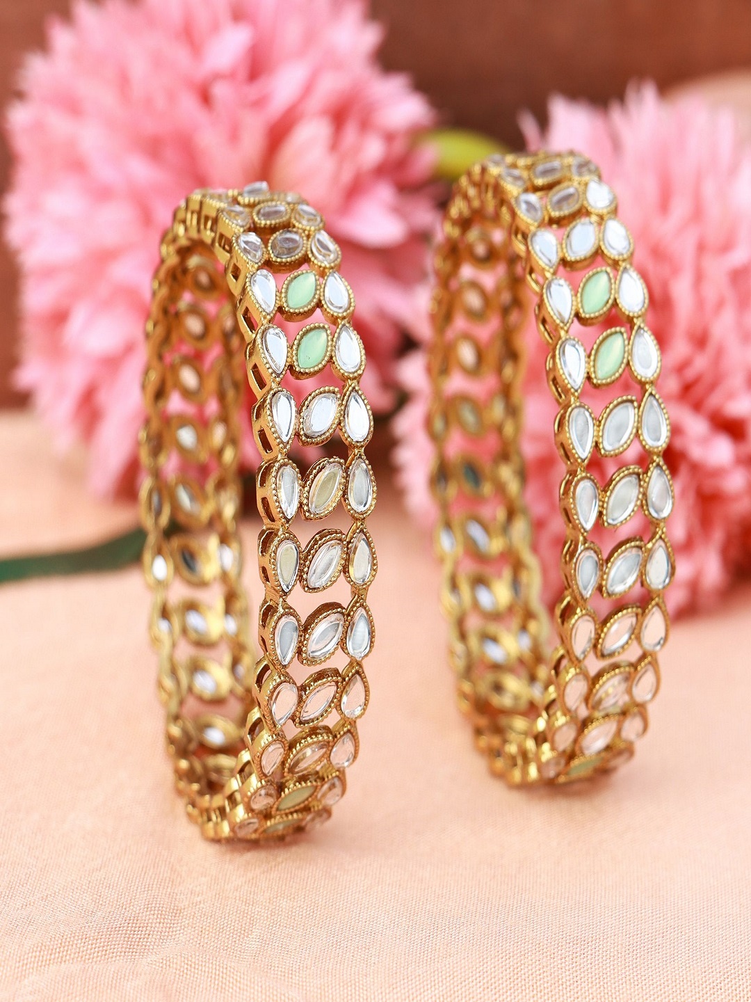 

I Jewels Women Set of 2 Gold-Plated & Mint Green Stone Studded Bangles