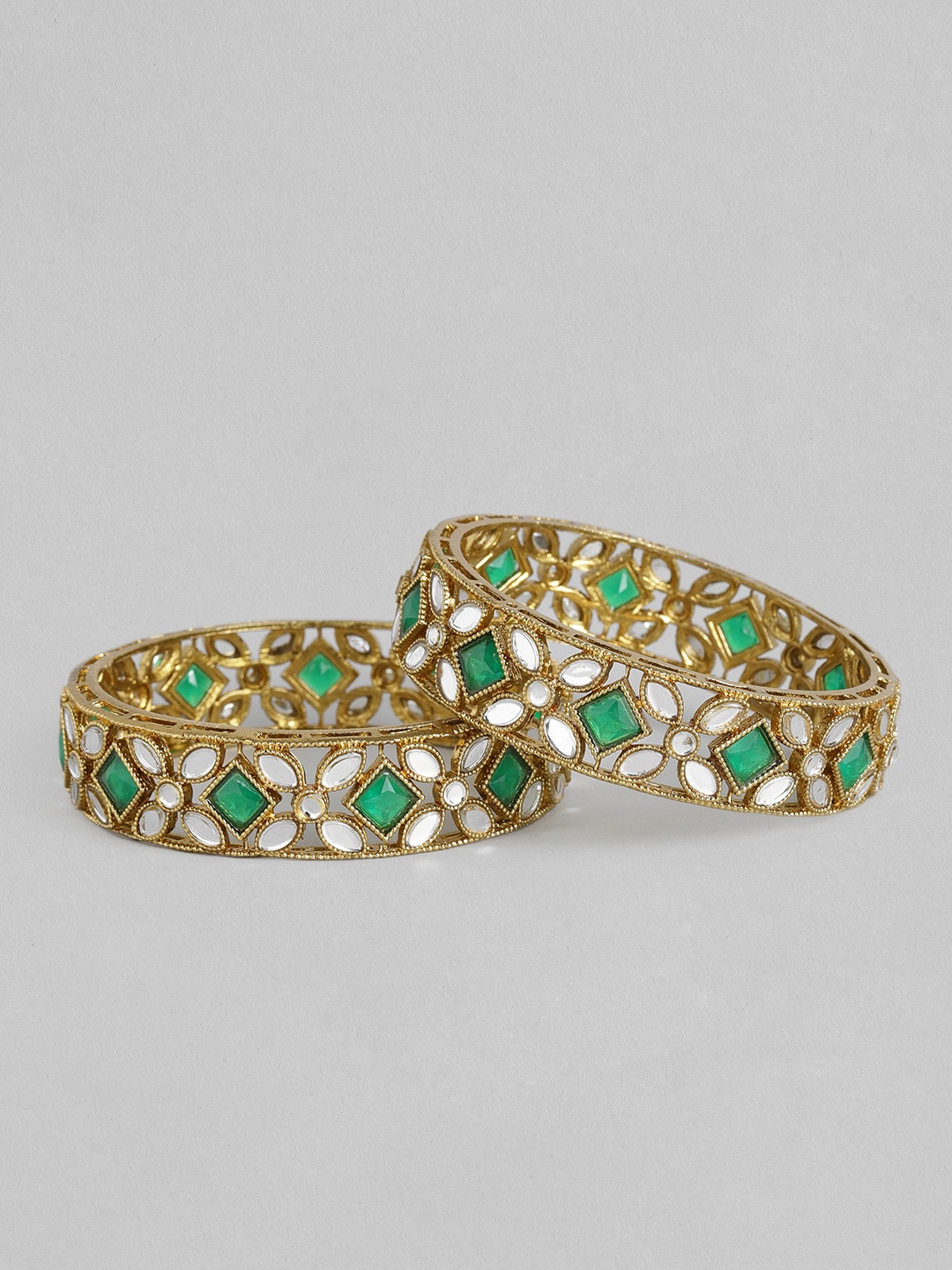 

I Jewels Set of 2 Gold-Plated Green Stone Bangle