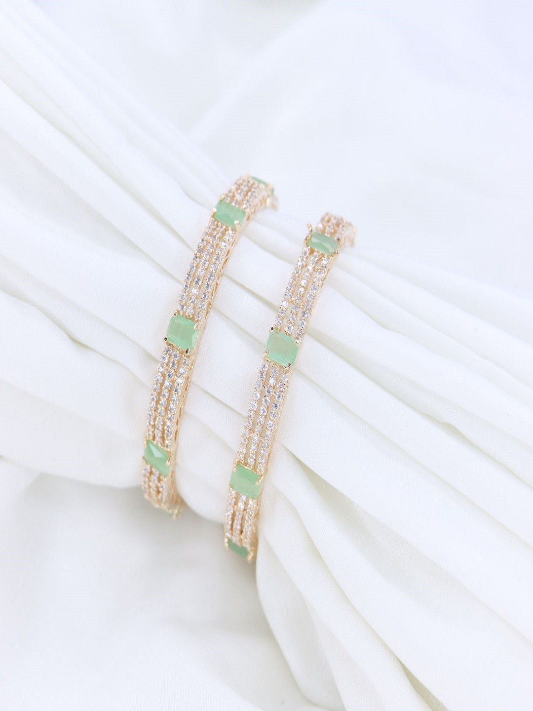 

I Jewels Set Of 2 Sea Green & White Rose Gold-Plated AD Studded Handcrafted Bangles
