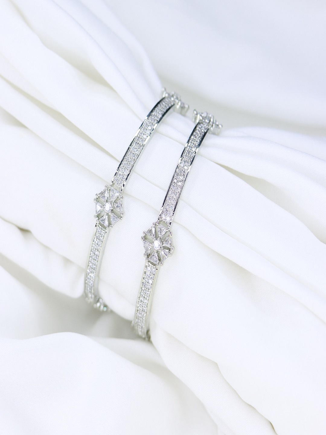 

I Jewels Women Set Of 2 Silver-Plated & White AD-Studded Kada Bangles