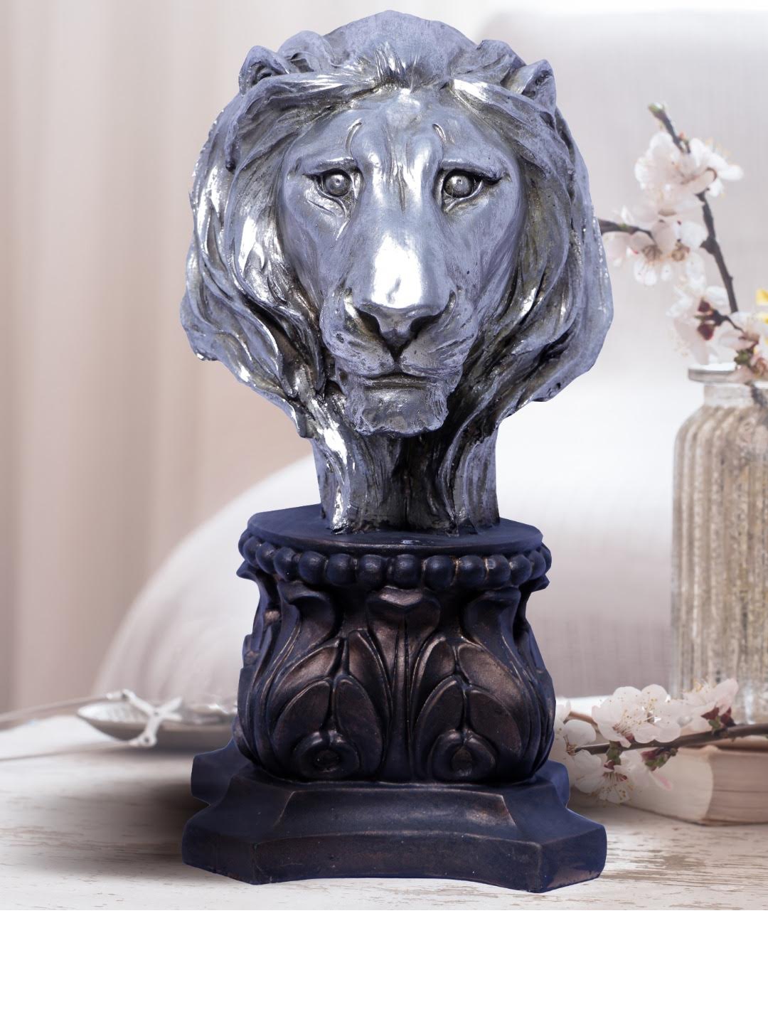 

THE WHITE INK DECOR Silver-Toned Lion Statue Showpiece