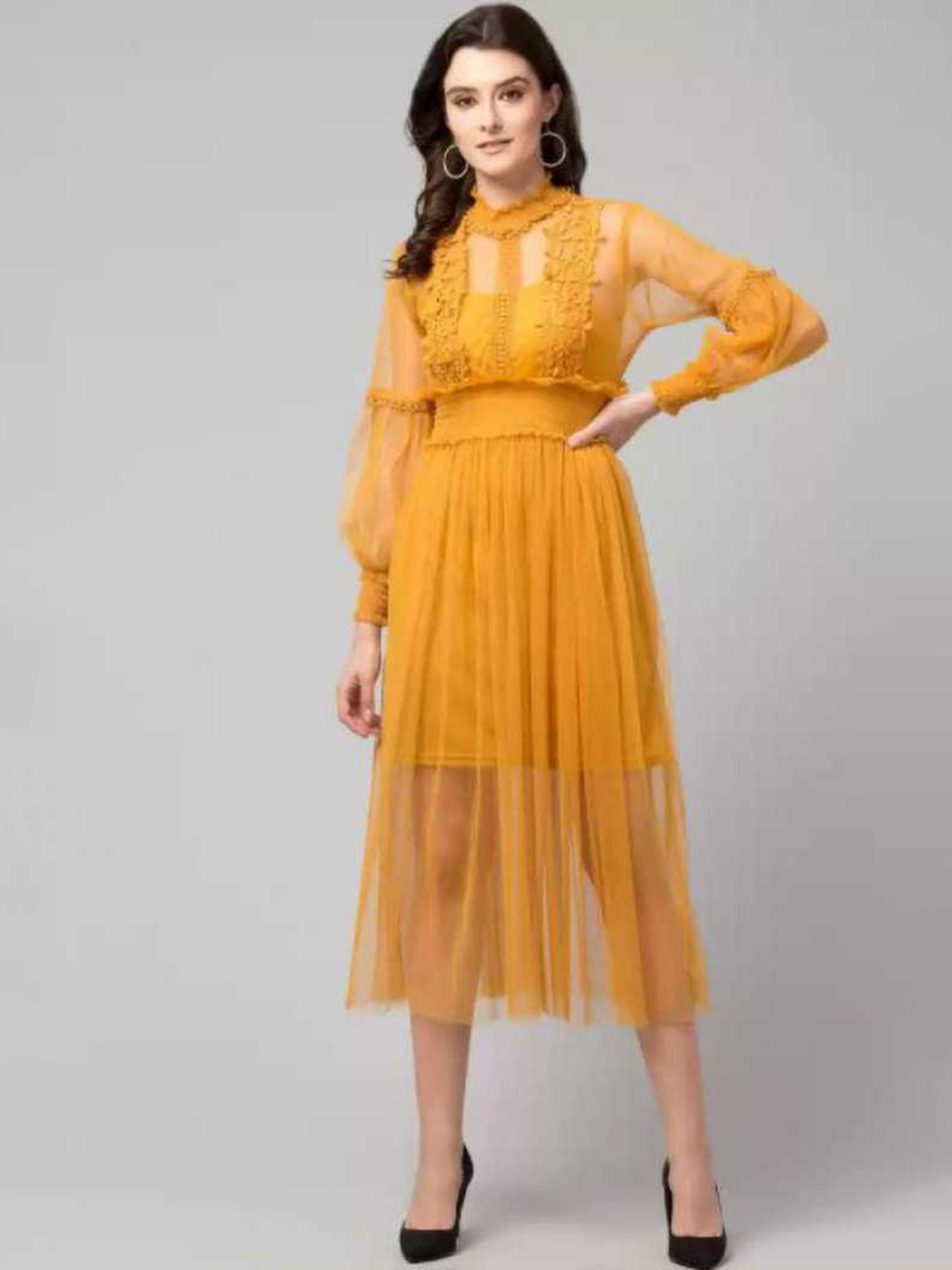 

La Aimee Yellow Tie-Up Neck Midi Dress