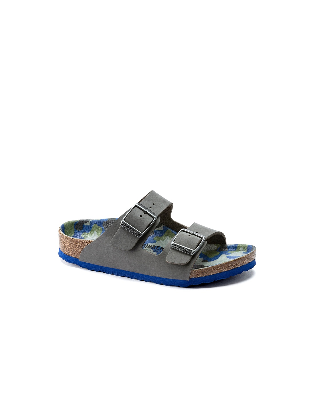 

Birkenstock Arizona Camo Footbeds Gray Narrow Width Birko-Flor Two-Strap Sandals, Grey