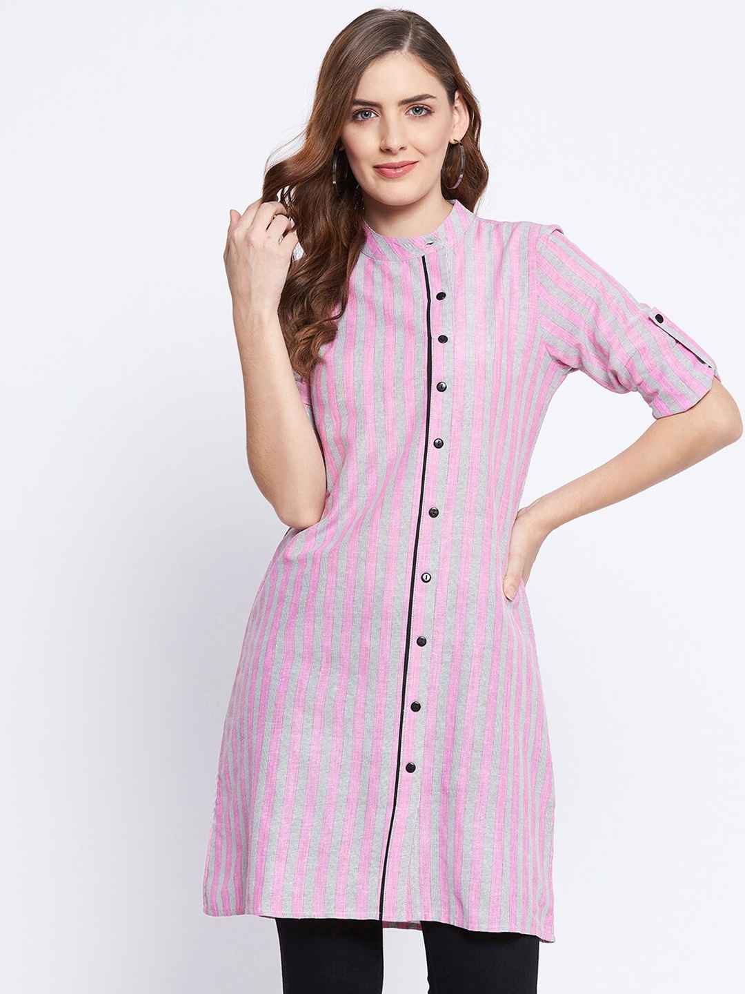 

Ruhaans Pink & Grey Mandarin Collar Striped Tunic