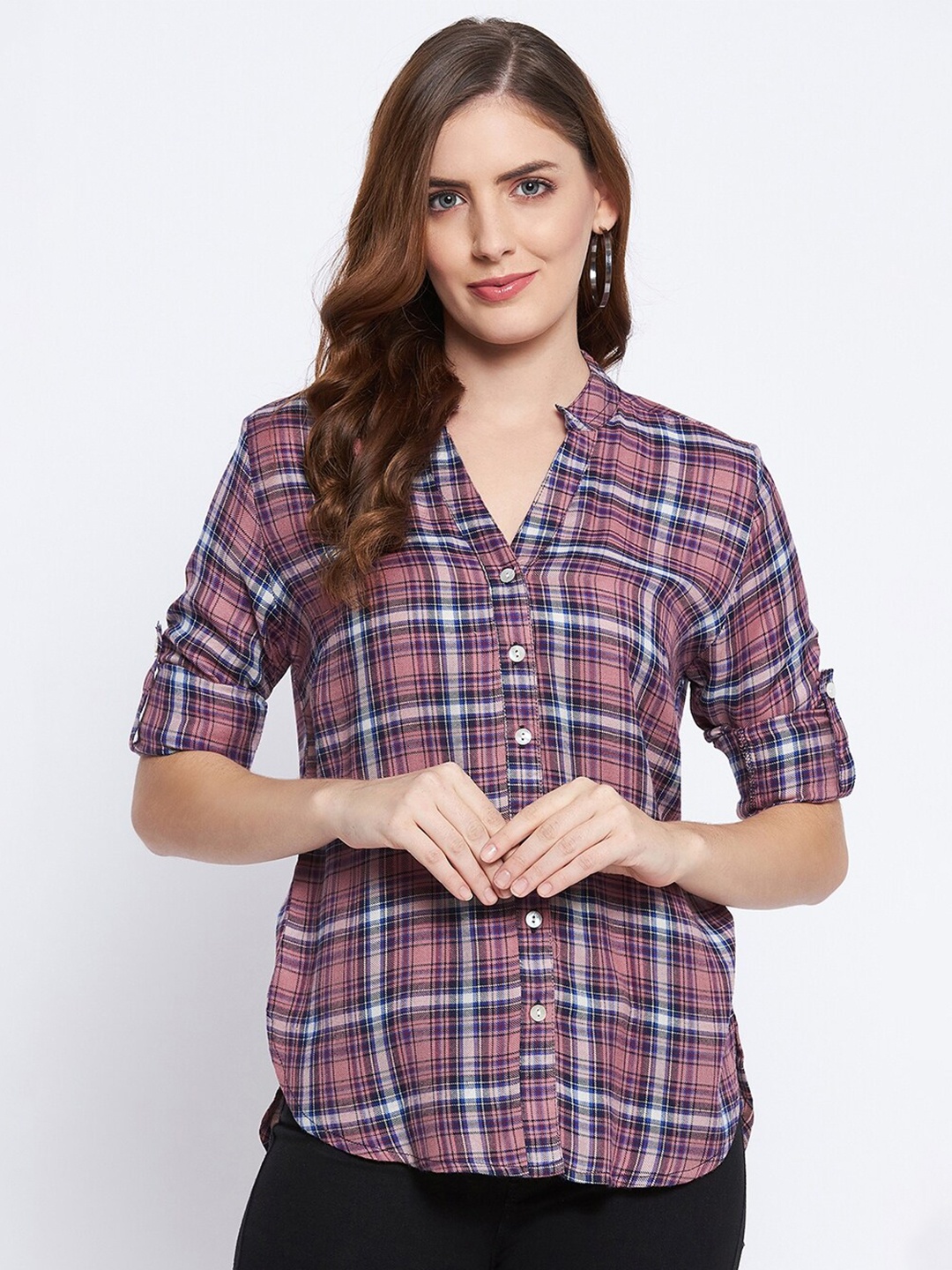 

Ruhaans Women Pink Classic Tartan Checks Checked Casual Shirt