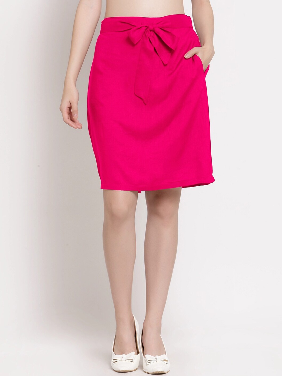 

PATRORNA Women Fuchsia Pink Solid Pencil Skirt