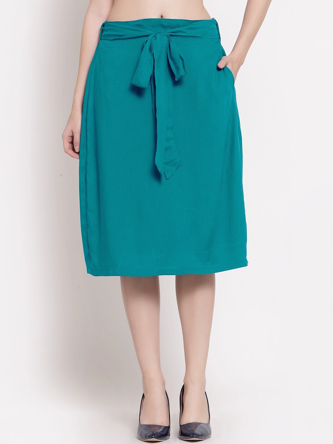 

PATRORNA Women Sea Green Solid Midi A-Line Skirt