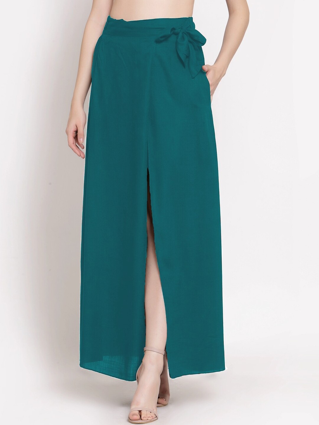 

PATRORNA Women Green Solid Wrap Maxi Skirt, Sea green