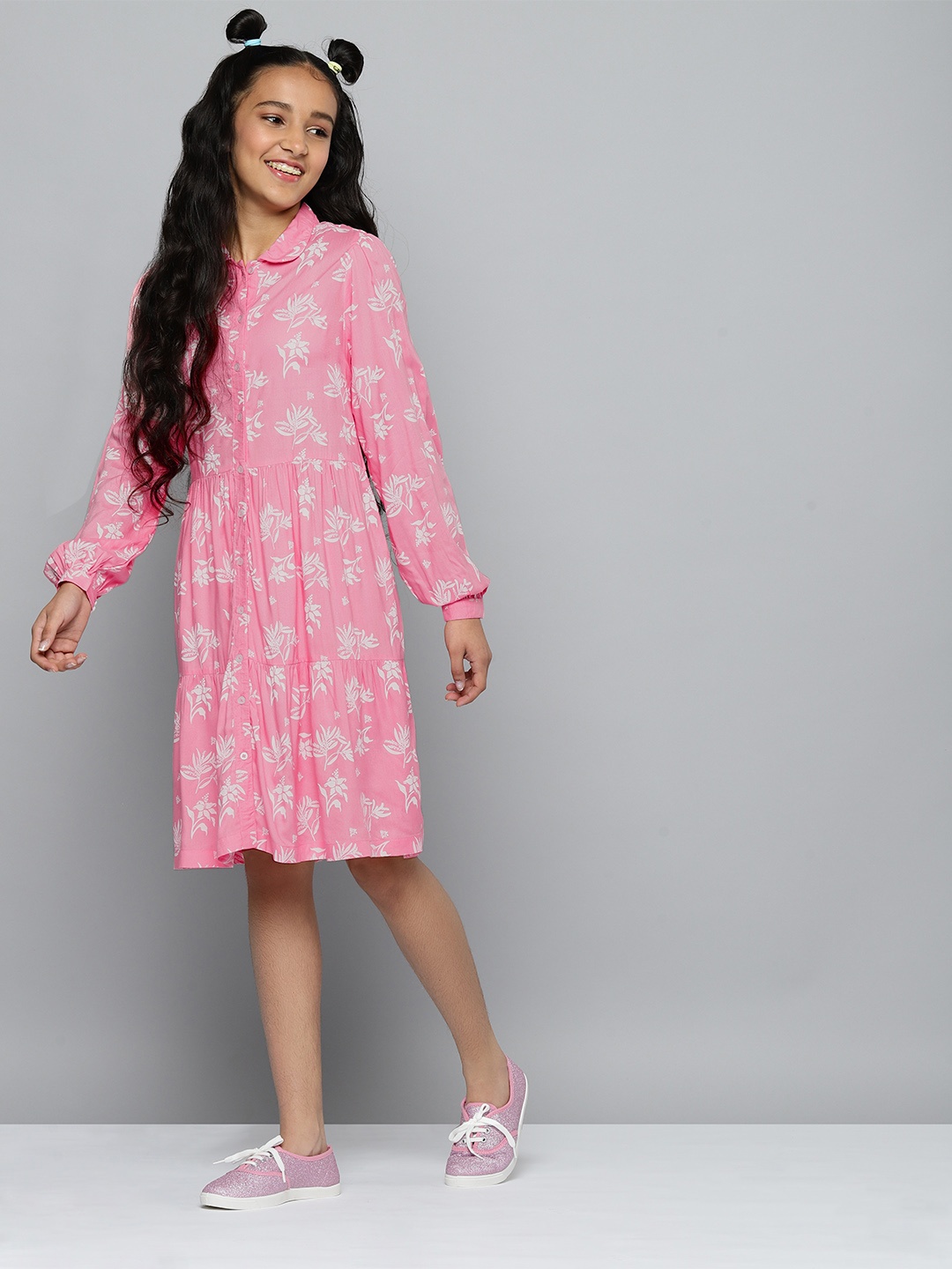 

JUSTICE Pink & White Floral Print Peter Pan Collar Bishop Sleeves Tiered Shirt Dress