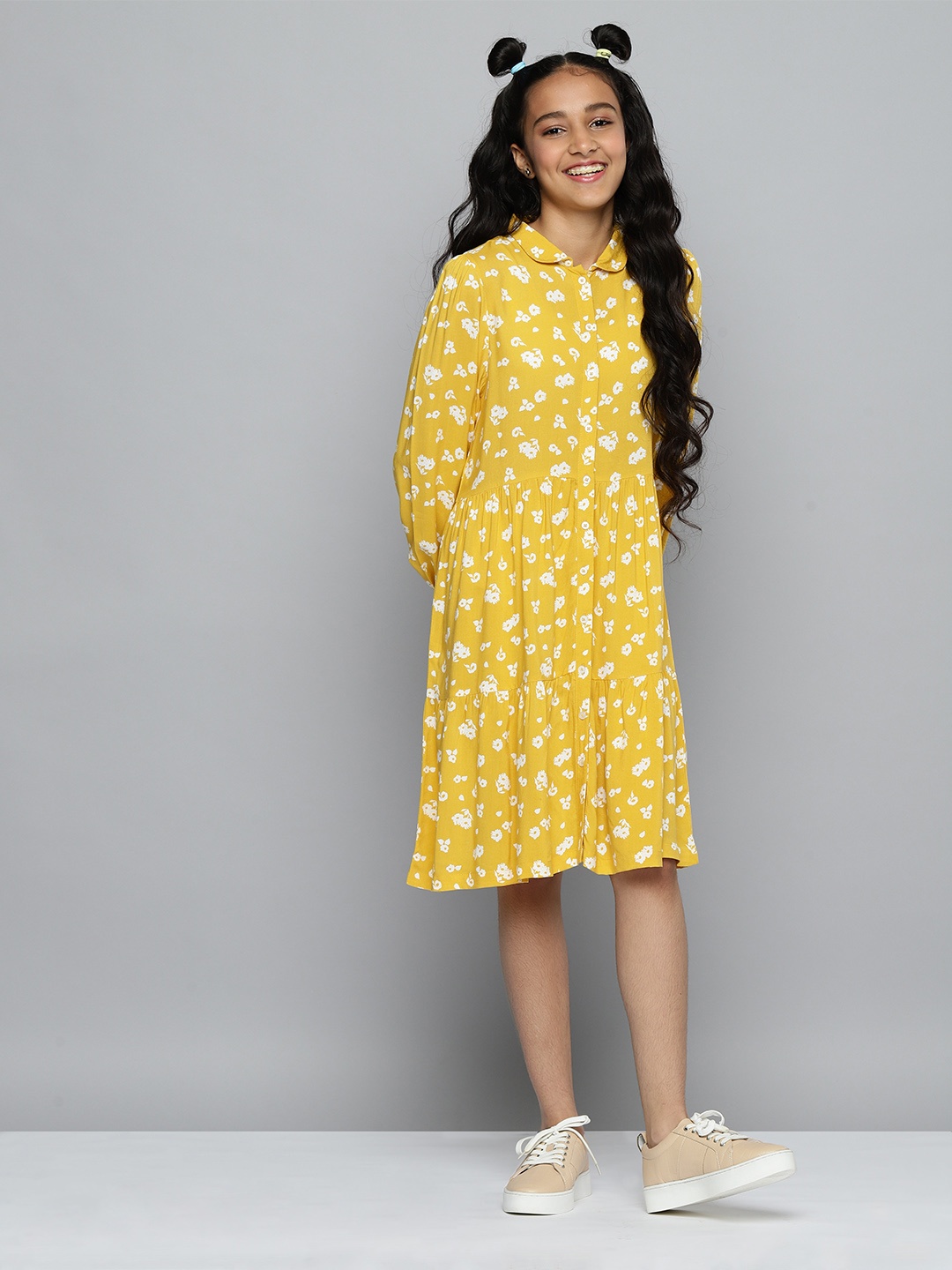 

JUSTICE Yellow & White Floral Print Peter Pan Collar Bishop Sleeves Tiered Shirt Dress