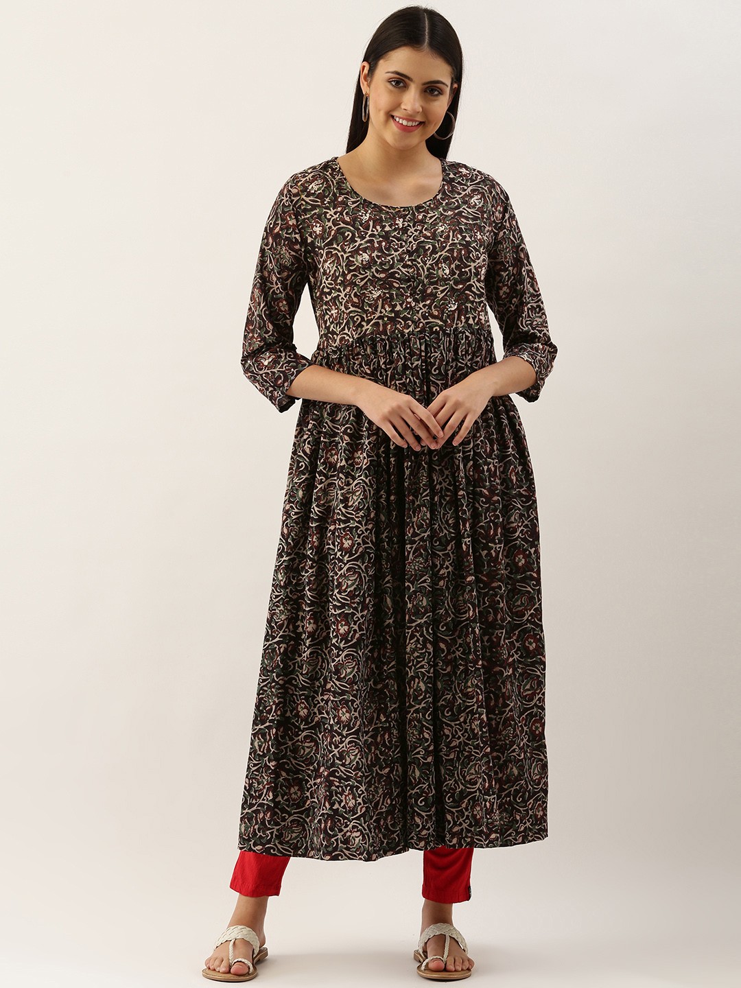 

Saanjh Women Black & Grey Floral Print Cotton Kurta