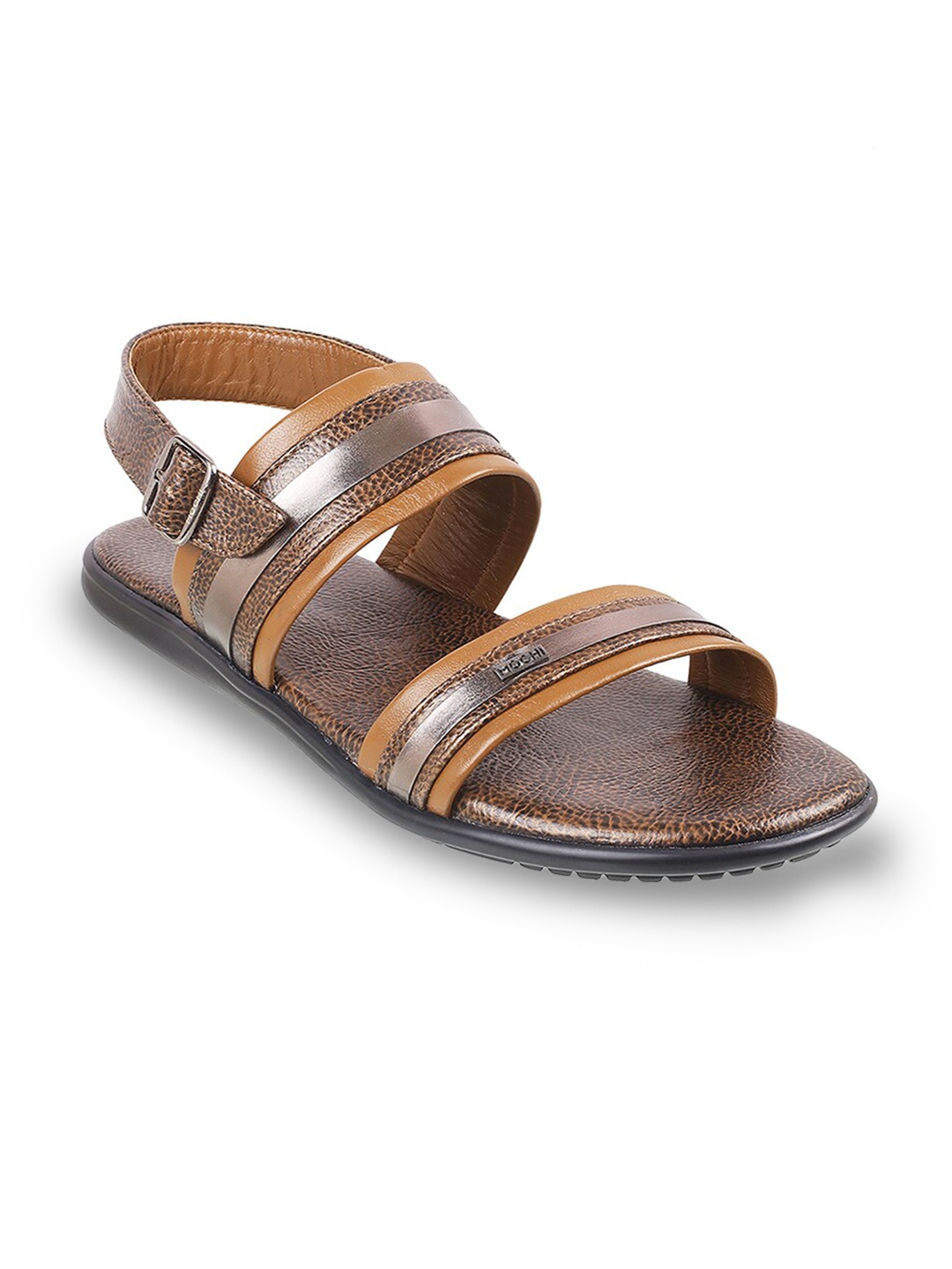 

Mochi Men Tan & Silver-Toned Leather Comfort Sandals