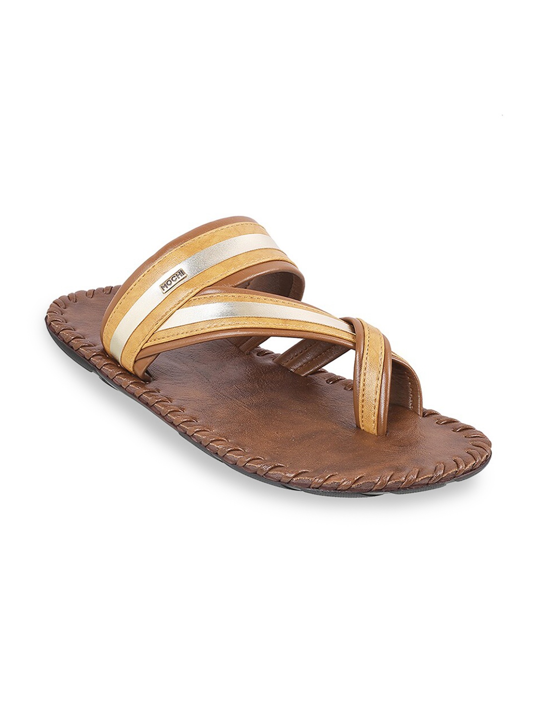 

Mochi Men Tan & Silver-Toned Leather Comfort Sandals