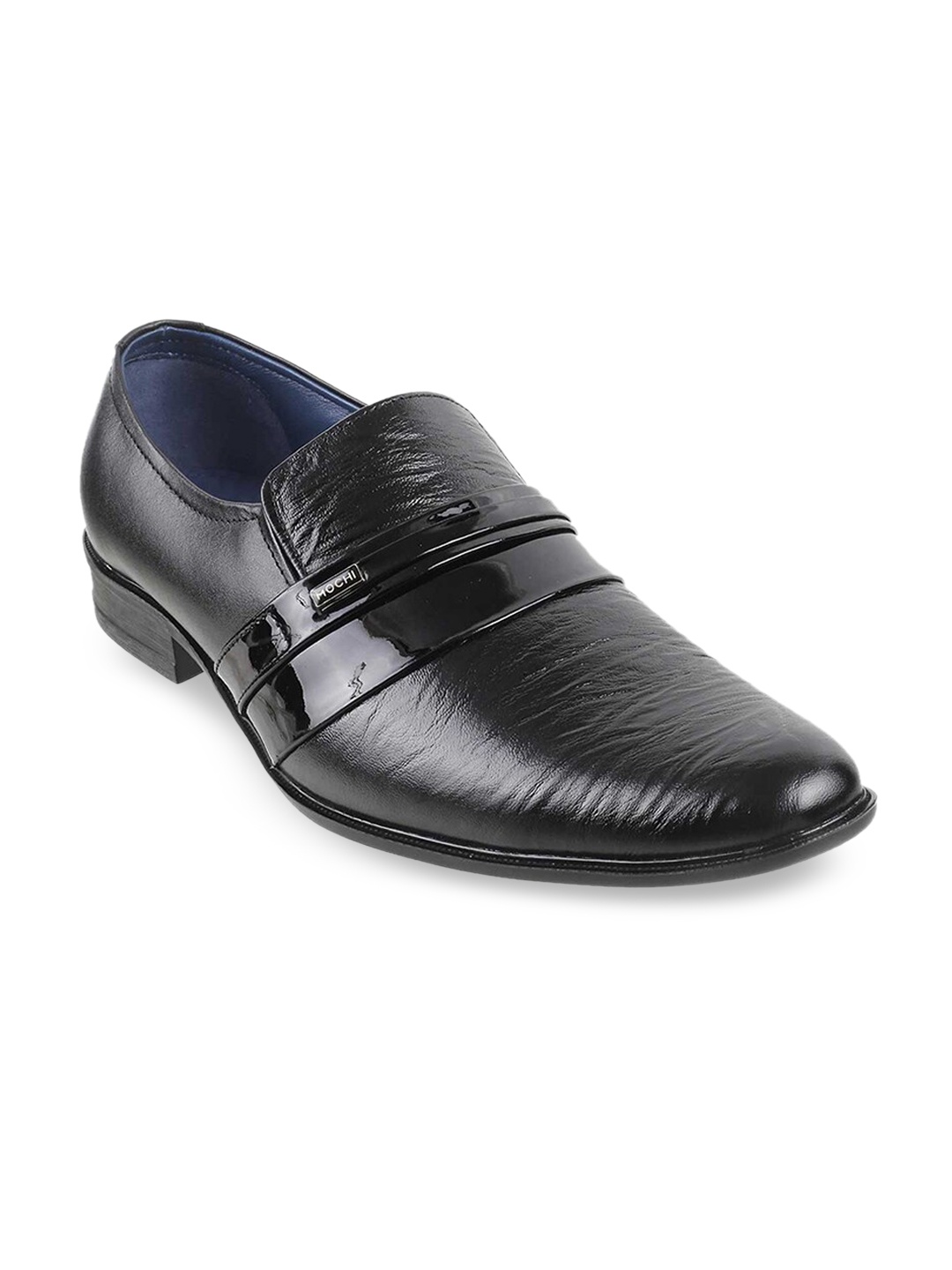 

Mochi Men Black Solid Leather Formal Slip-Ons
