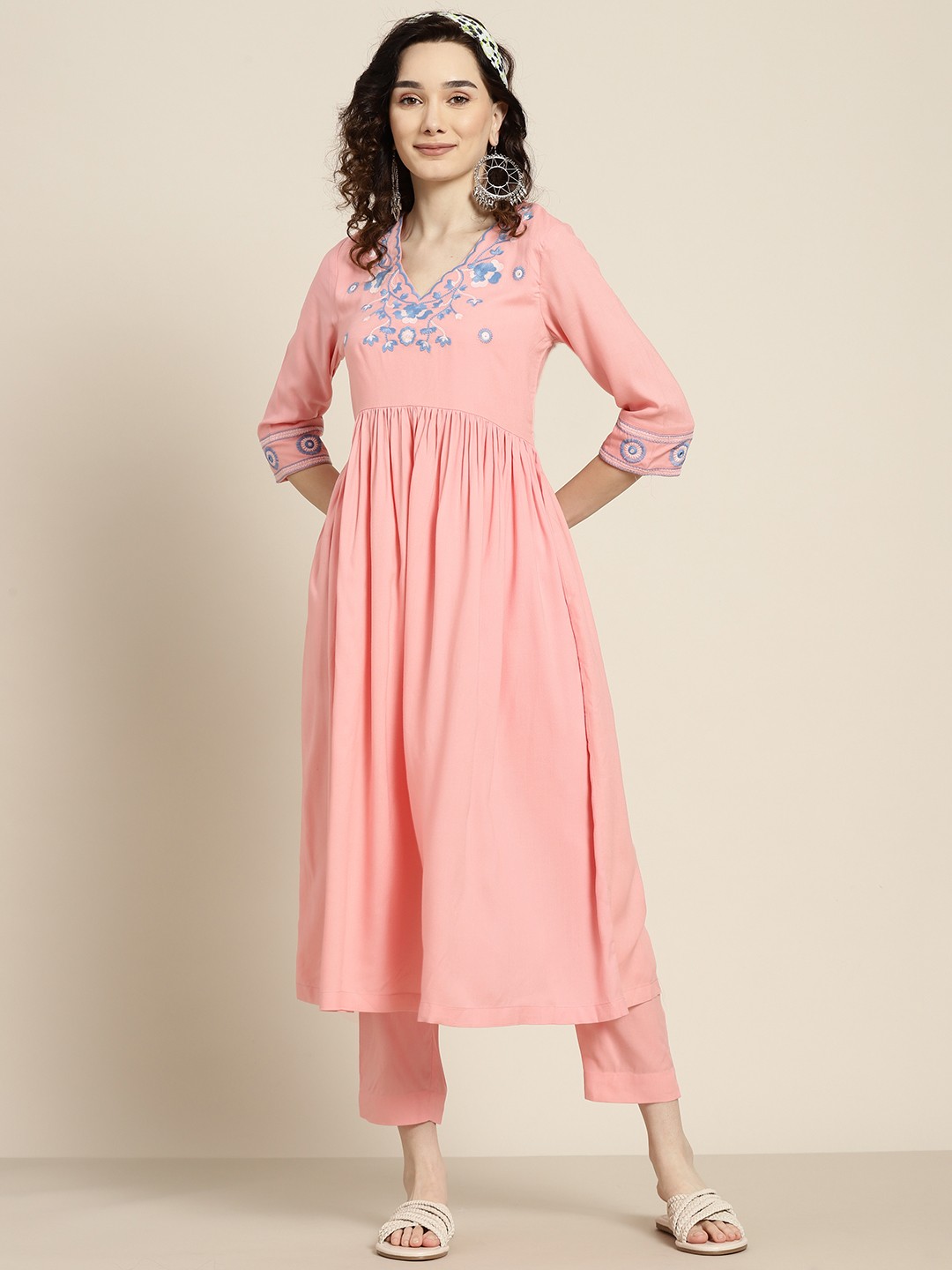 

Sangria Women Pink Floral Yoke Design Mirror Work Kurta with Trousers