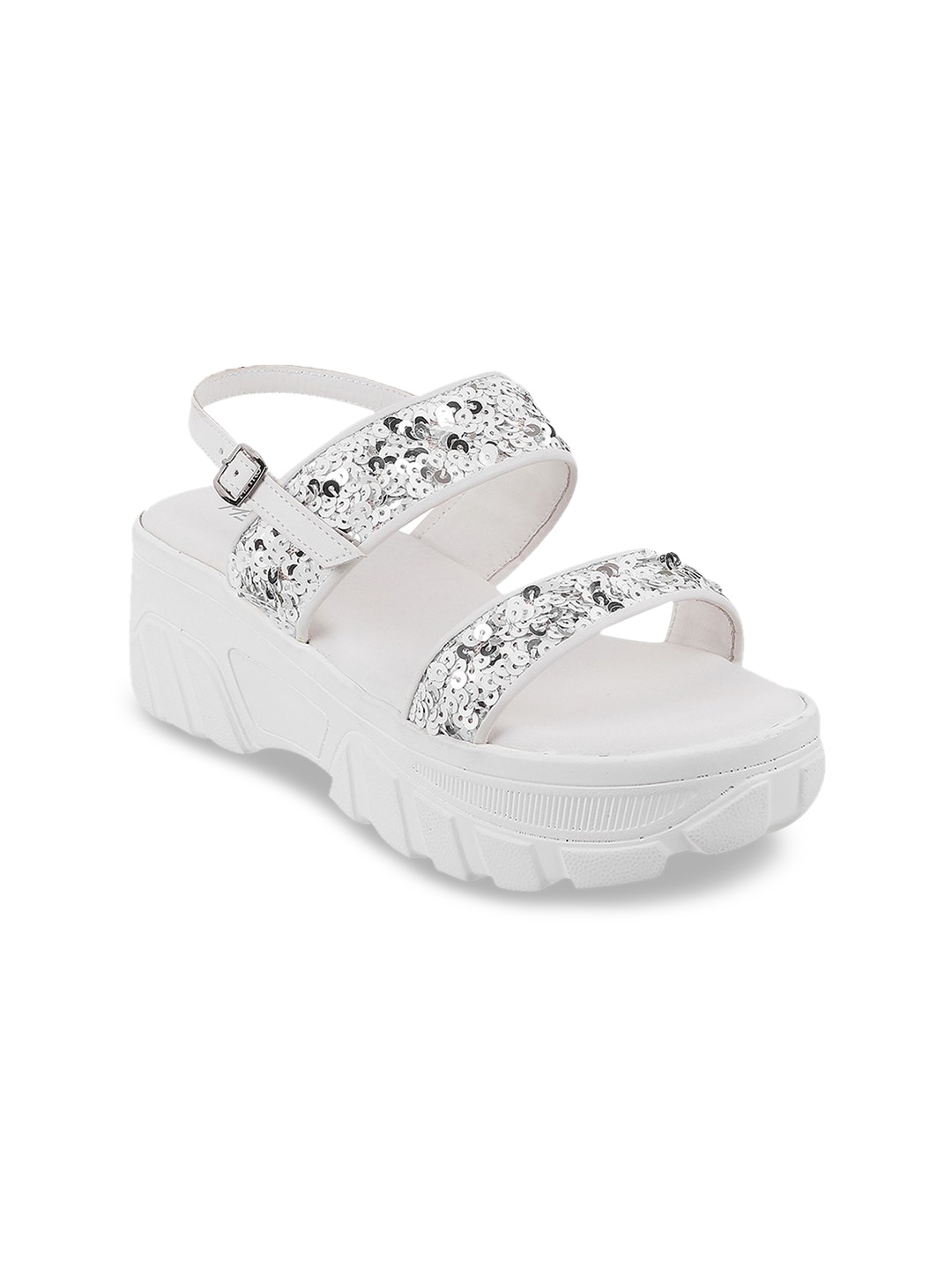 

Metro White & Silver-Toned Embellished Flatform Sandals