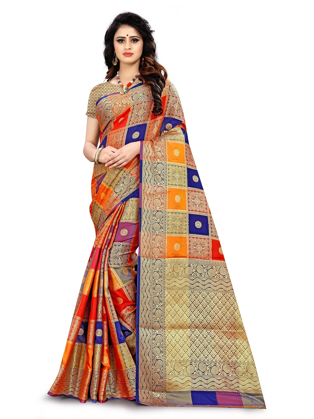 

Rivana Blue & Red Woven Design Zari Silk Blend Banarasi Saree