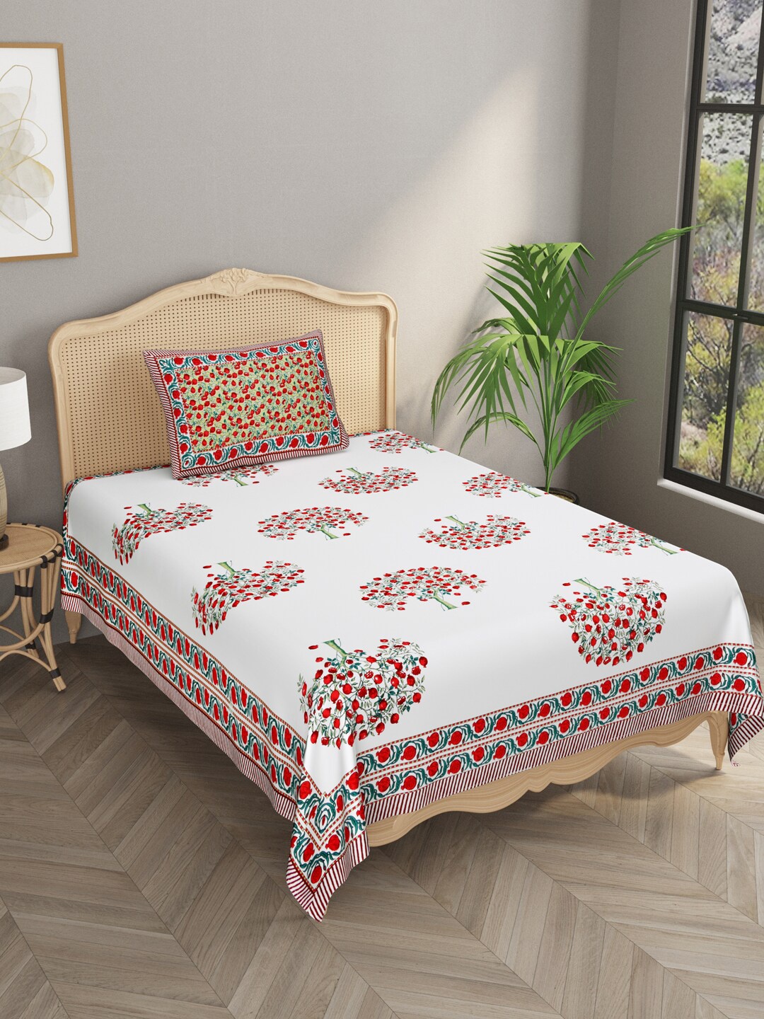 

Gulaab Jaipur Red & White Floral Print 600 TC Single Bedsheet with 1 Pillow Cover