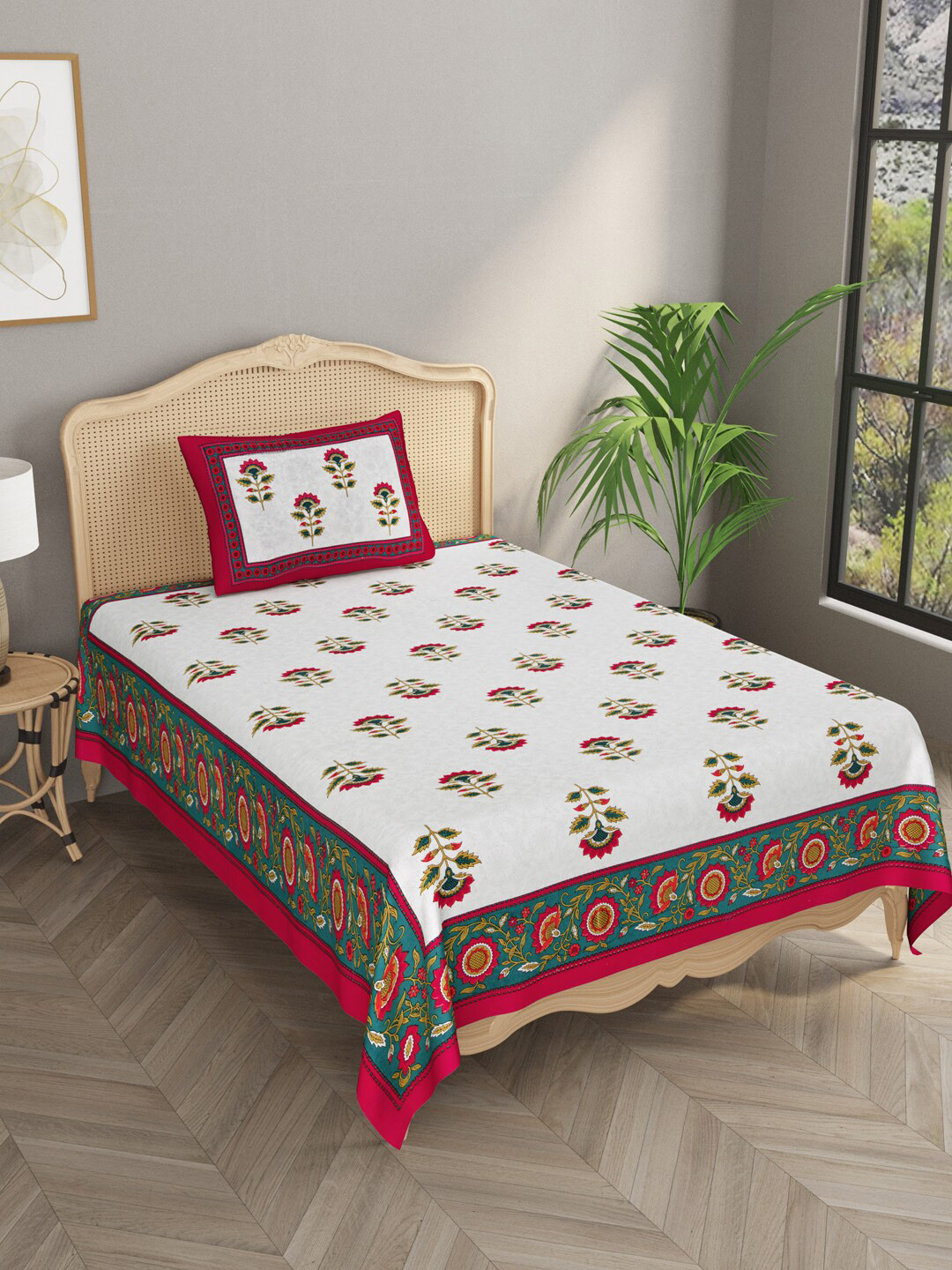 

Gulaab Jaipur Red & White Ethnic Motifs 600 TC Single Bedsheet with 1 Pillow Covers