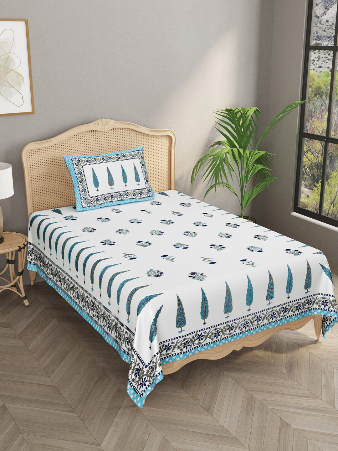

Gulaab Jaipur White & Blue Floral 600 TC Single Bedsheet with 1 Pillow Covers